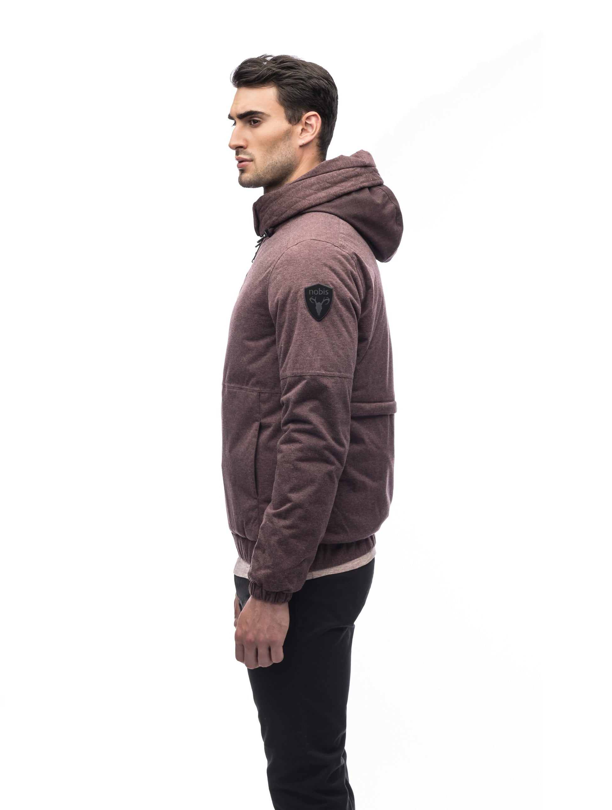 Men's lightweight down filled jersey hoodie that's windproof, waterproof and breathable in Maroon