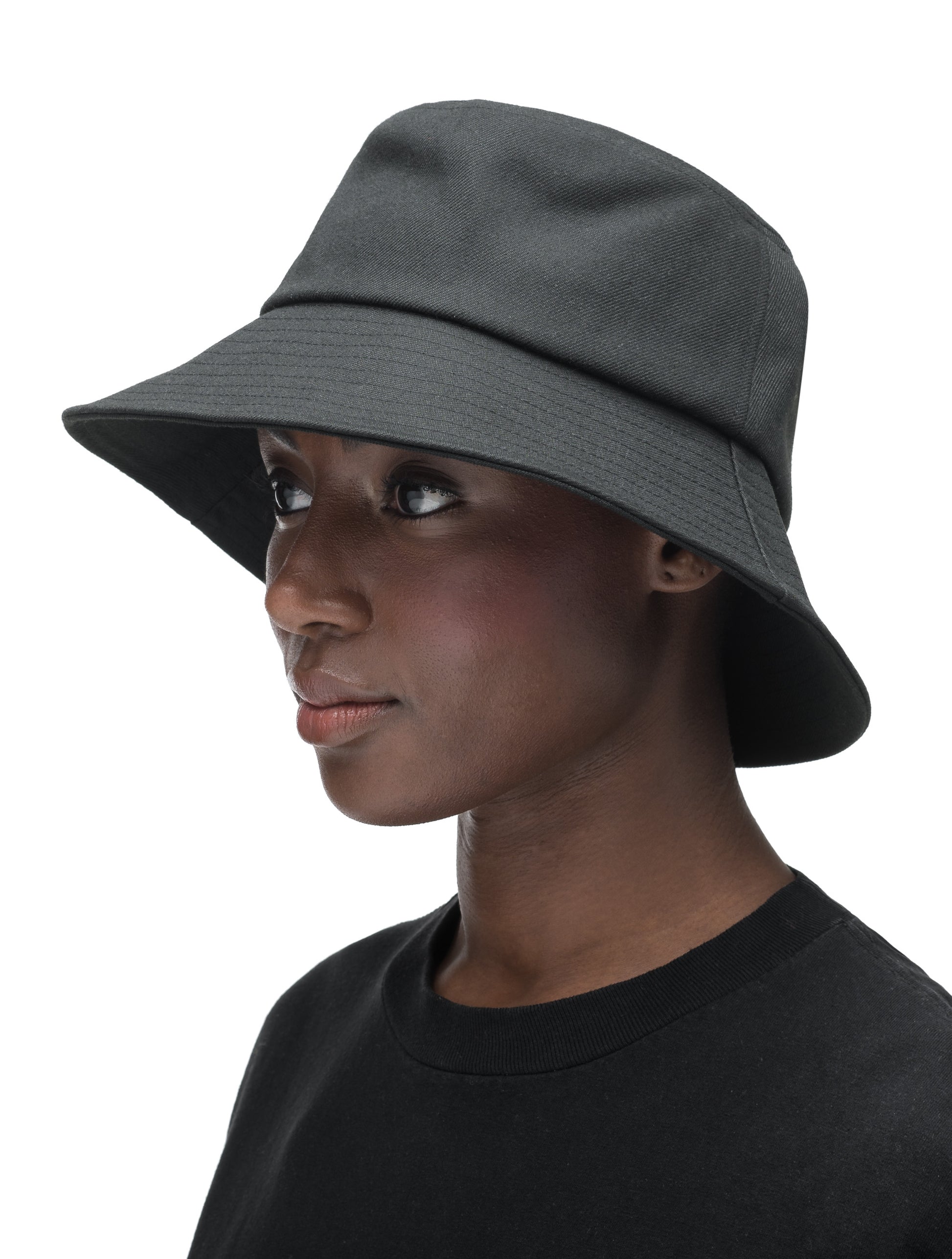 Unisex wide brim bucket hat with stitching detail on brim in Black