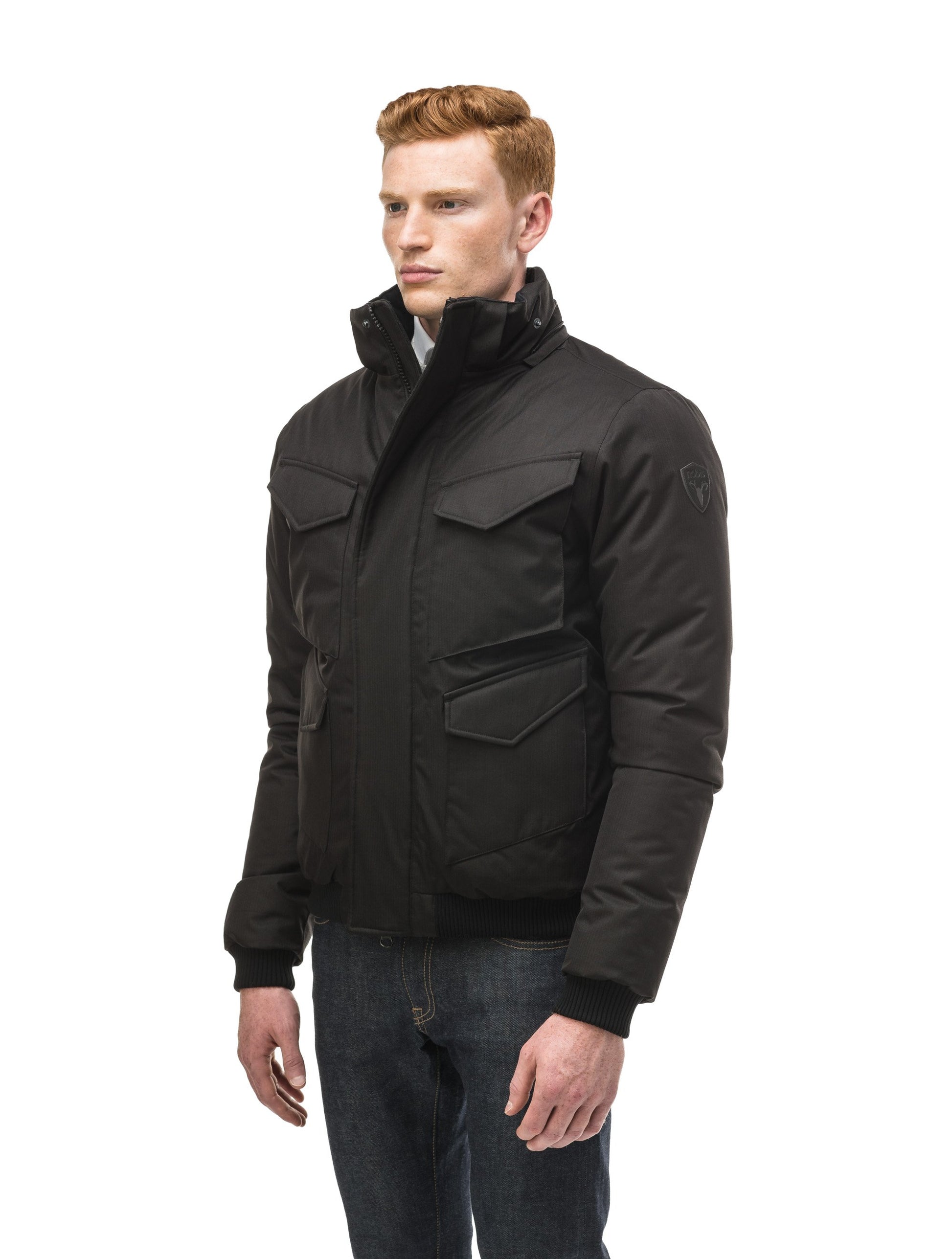 Men's waist length bomber with four huge pockets on the front in Black