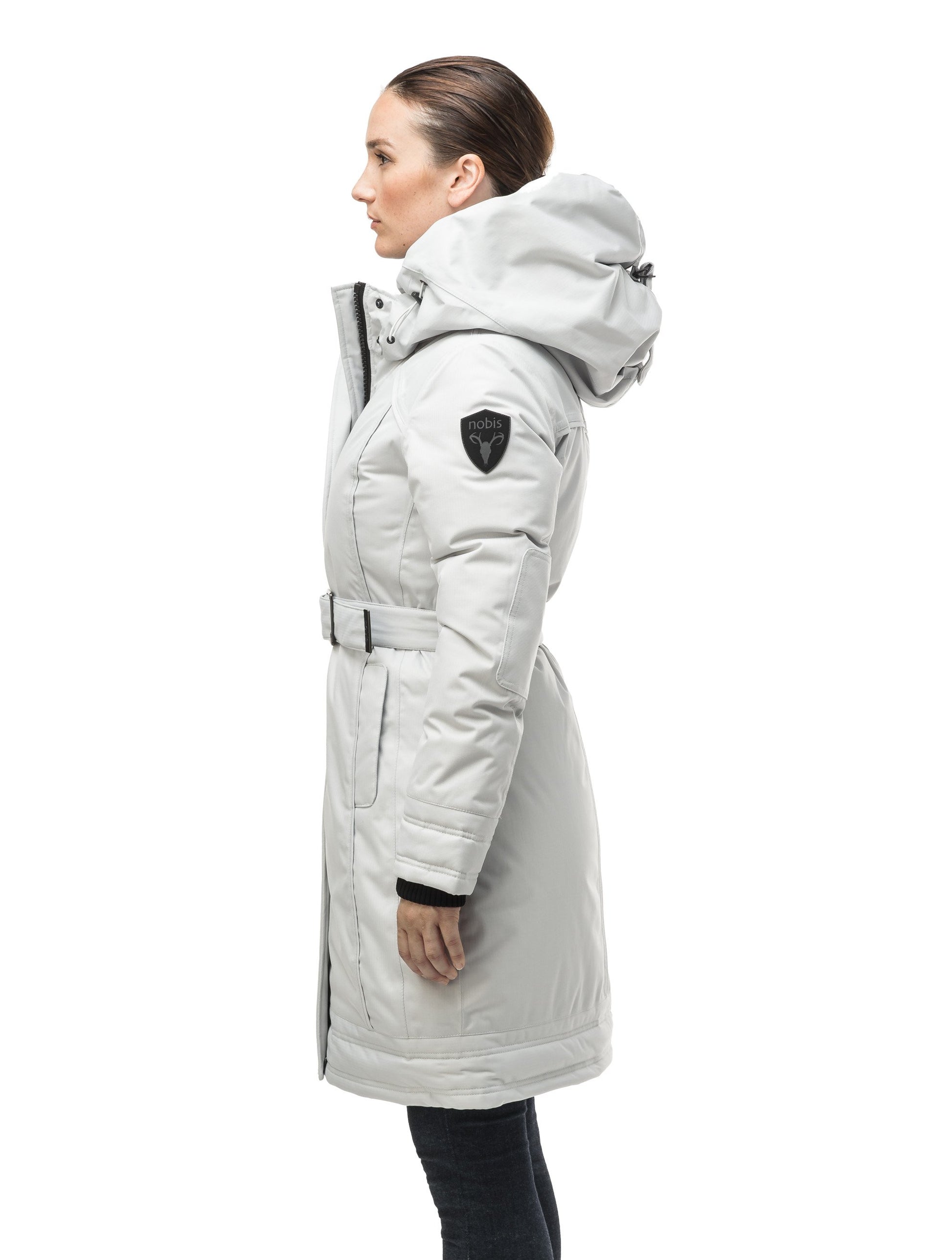 Women's Thigh length own parka with a furless oversized hood in CH Light Grey
