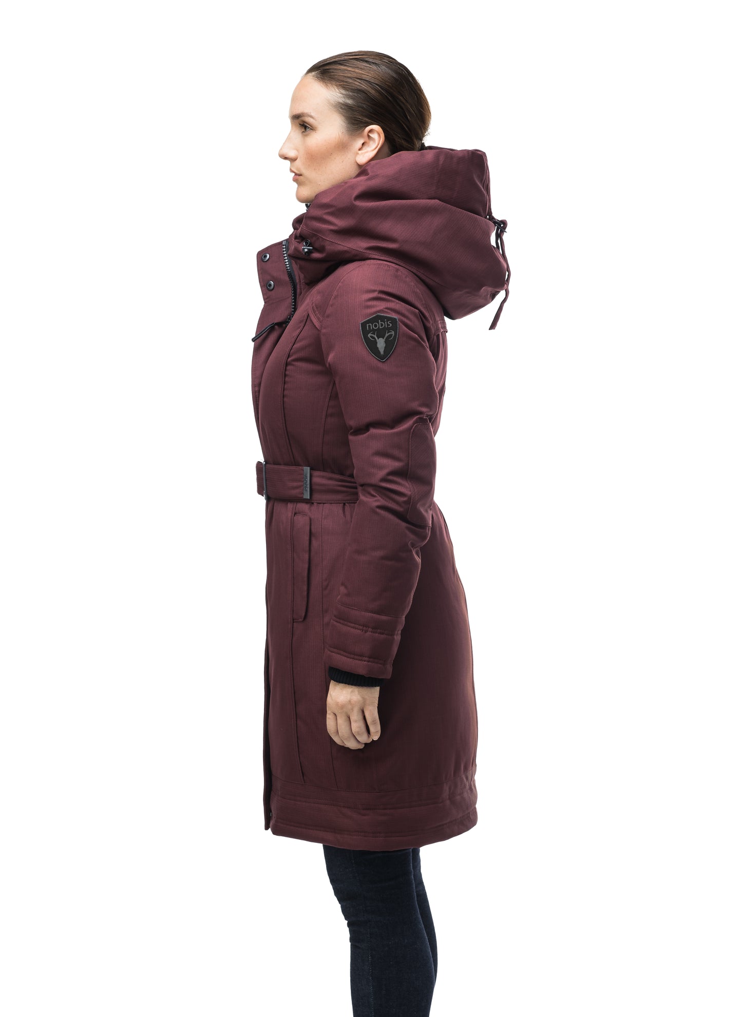 Women's Thigh length own parka with a furless oversized hood in Merlot