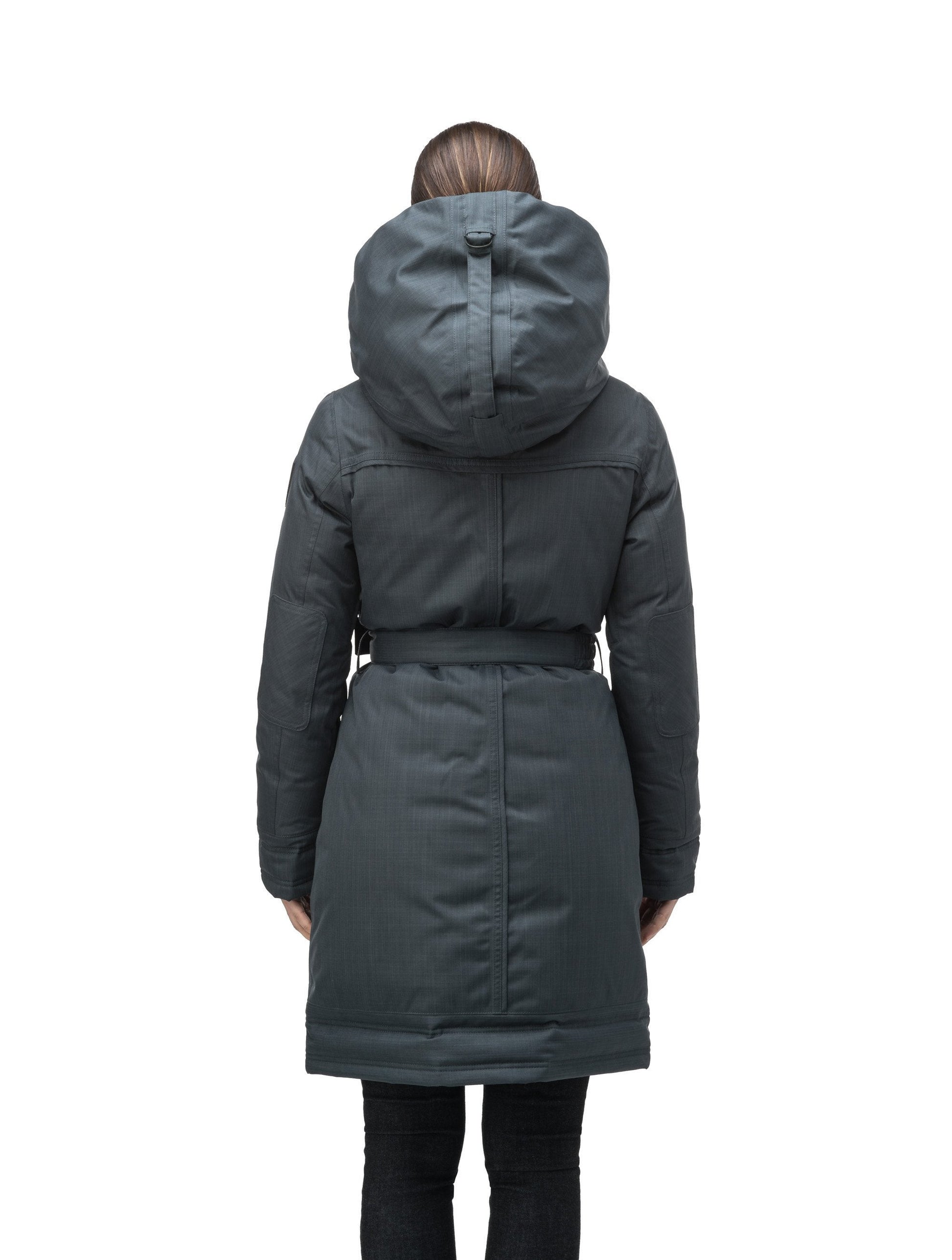 Women's Thigh length own parka with a furless oversized hood in CH Balsam