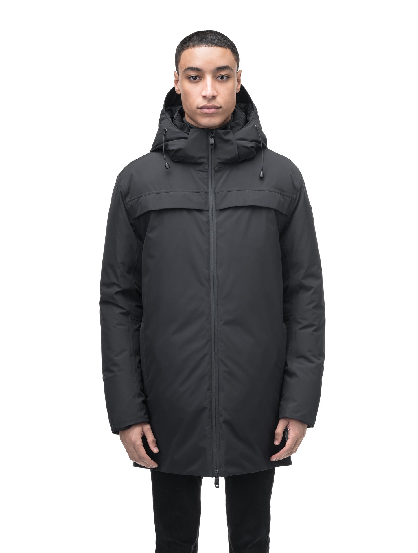 Atlas Men's Performance Parka in thigh length, Canadian duck down insulation, removable hood, and two-way zipper, in Black