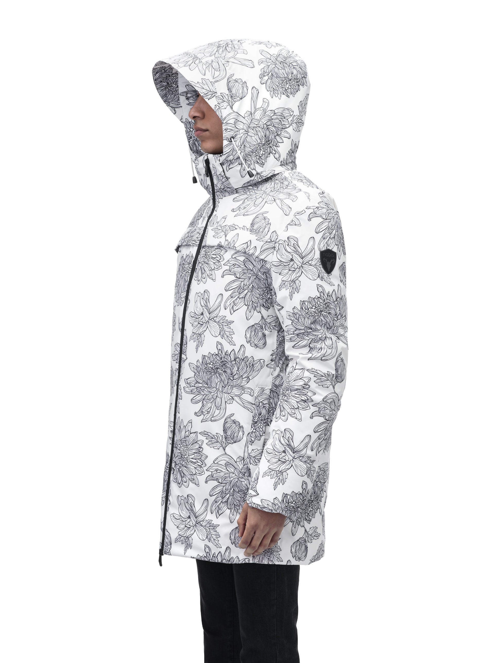 Atlas Men's Performance Parka in thigh length, Canadian duck down insulation, removable hood, and two-way zipper, in White Floral