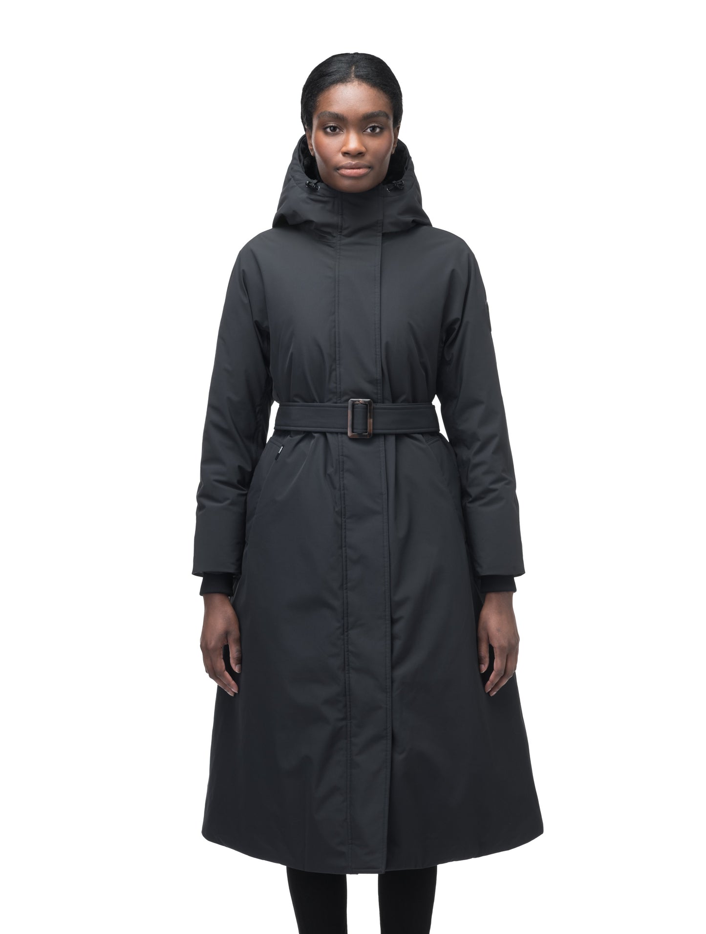 Women's knee length down filled parka with non-removable hood and adjustable belt in Black