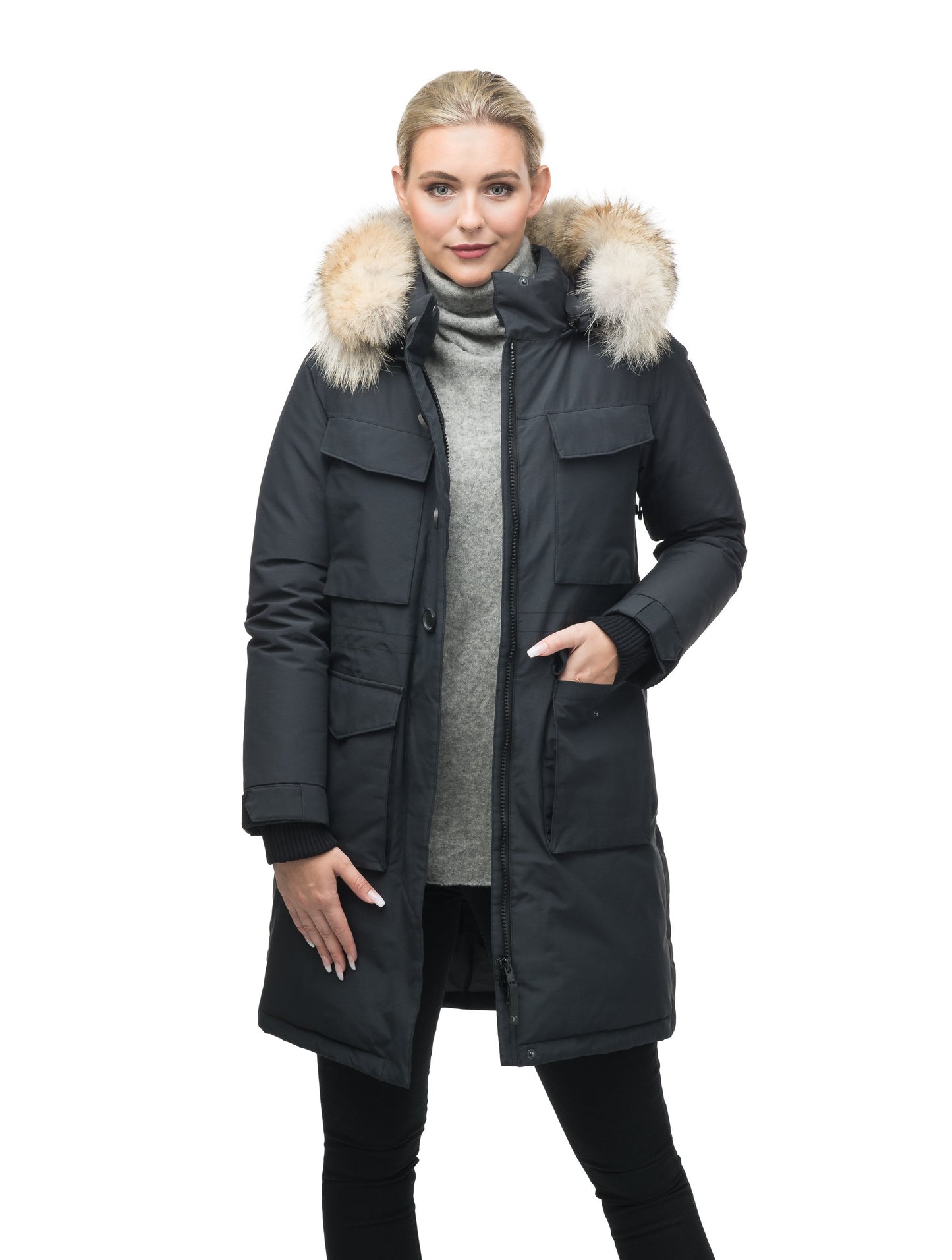 Women's knee length down filled parka with two chest patch pockets and two waist patch pockets in Black