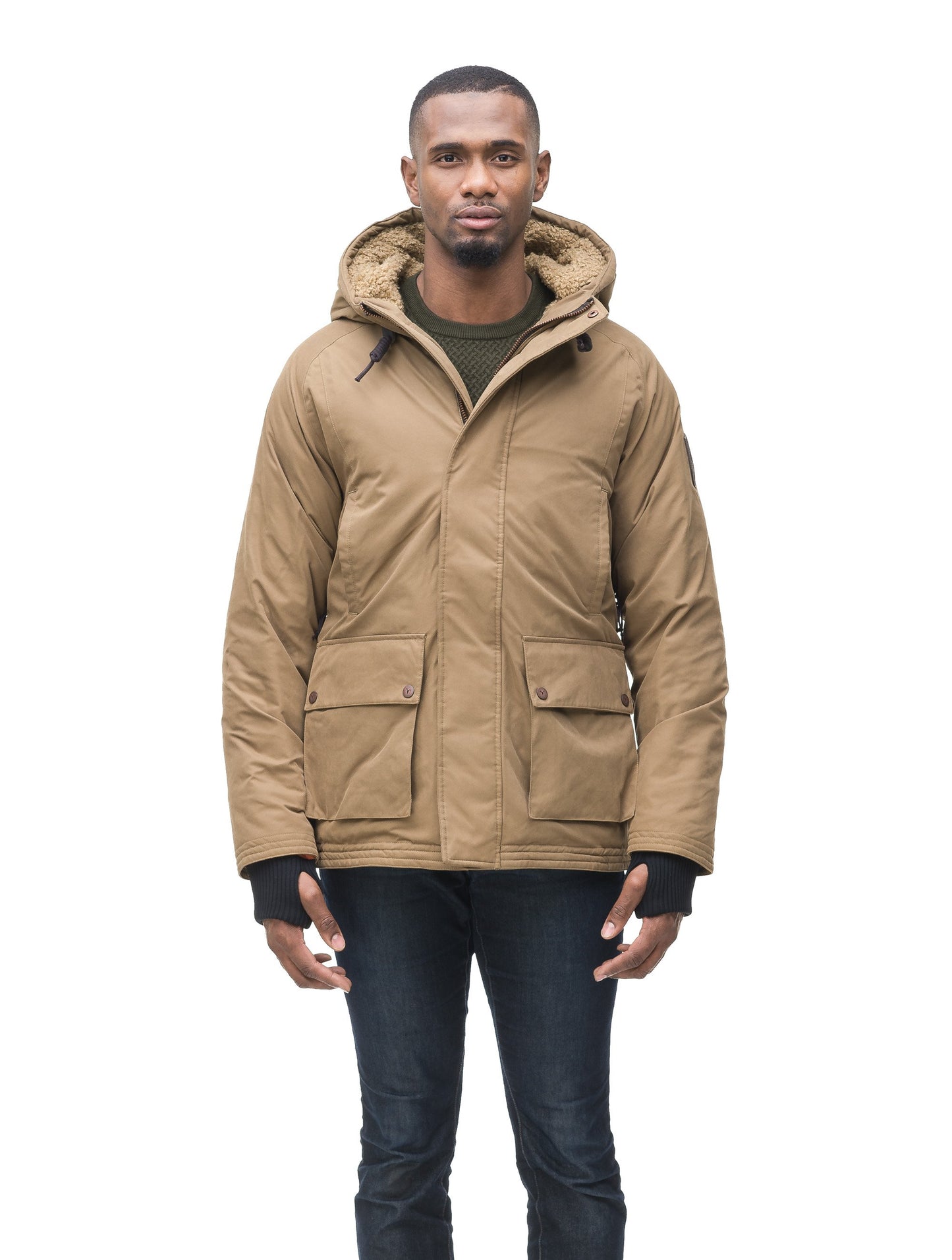 Men's town coat with Berber lined convertible collar and hood in Tan