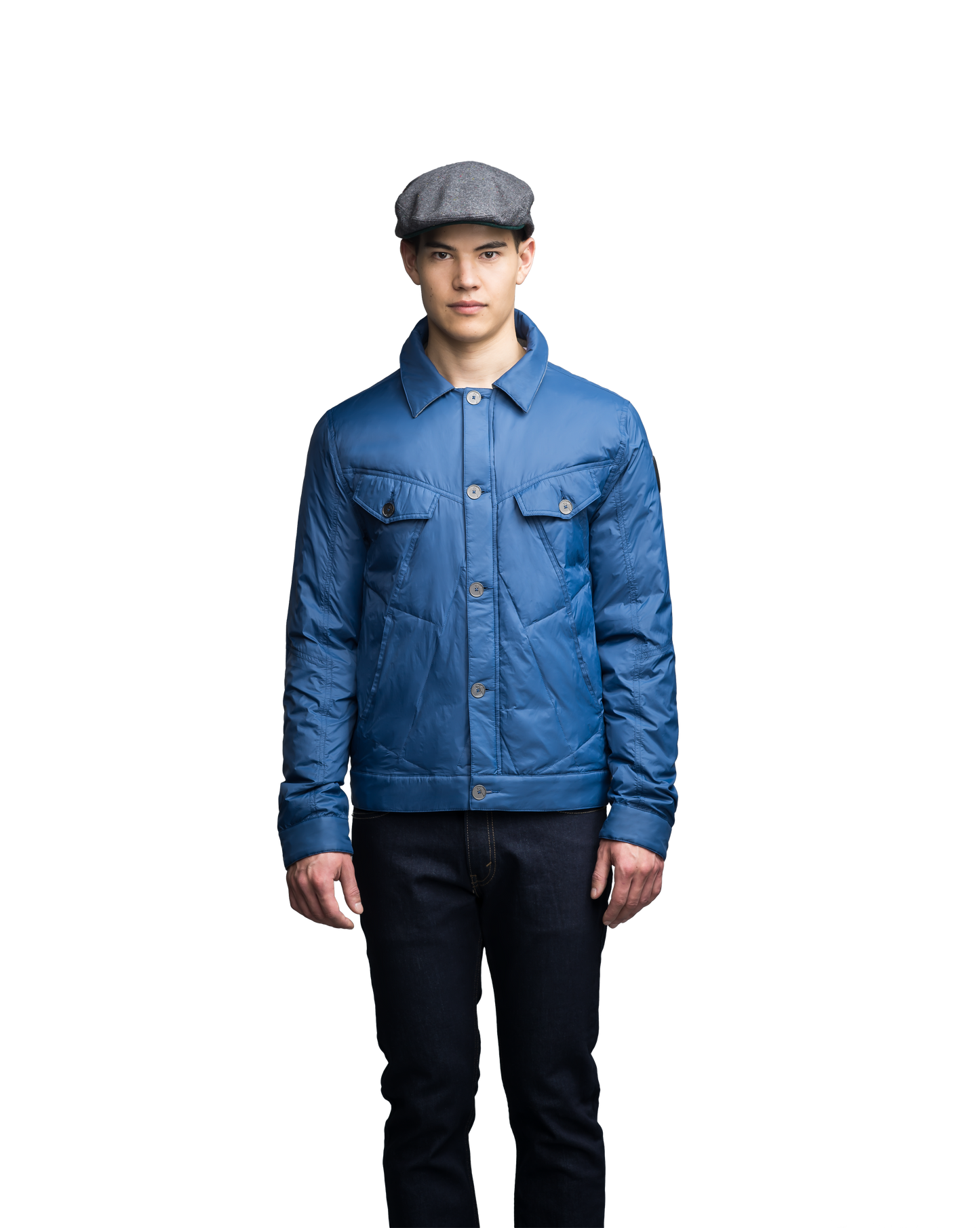 Men's hip length down-filled shirt jacket in Denim Blue