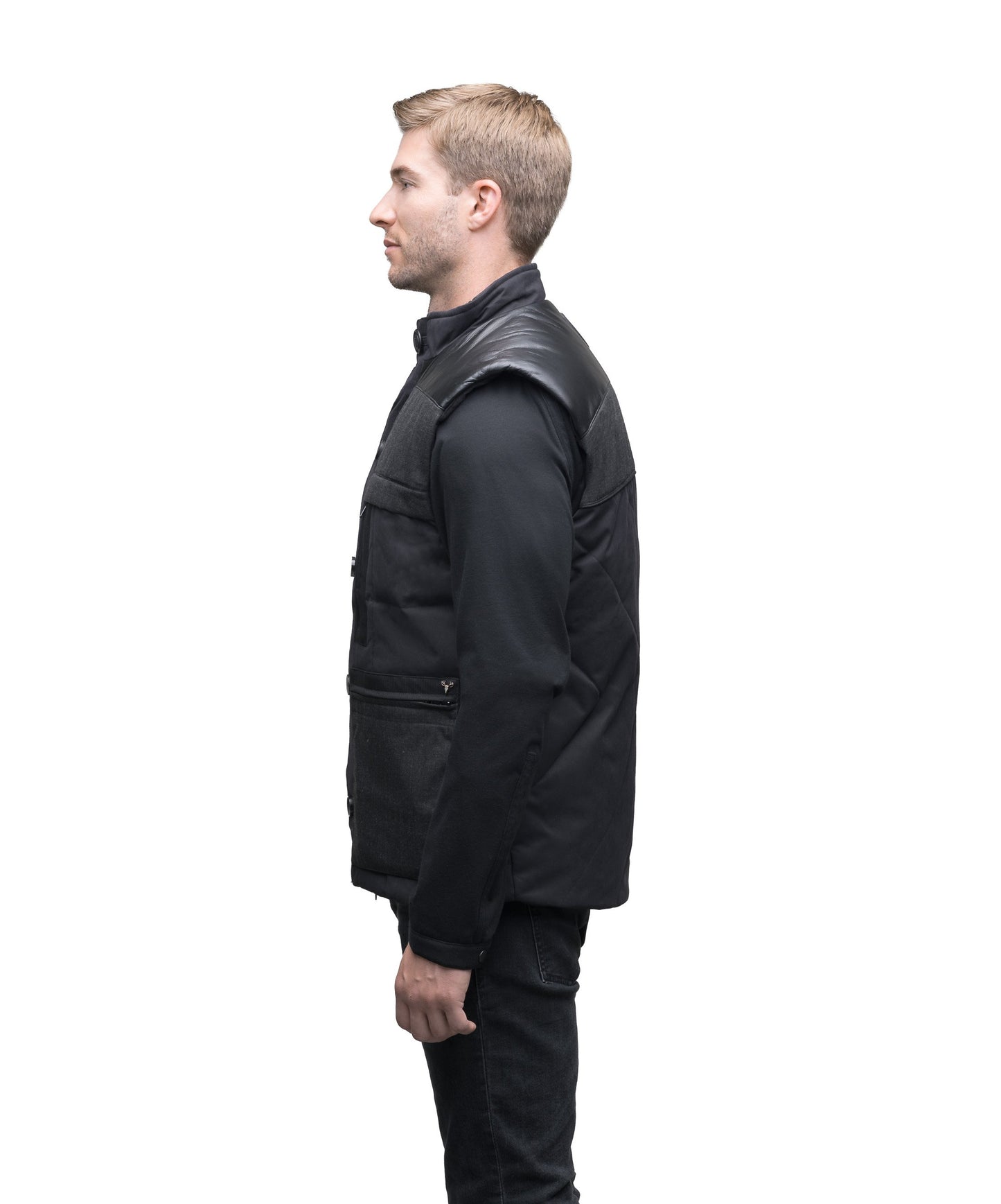 Men's premium down filled vest with unique washable leather detailing in Black