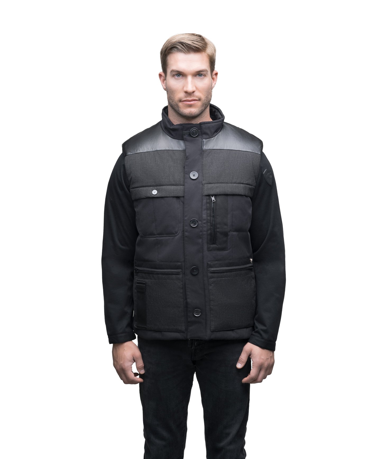 Men's premium down filled vest with unique washable leather detailing in Black