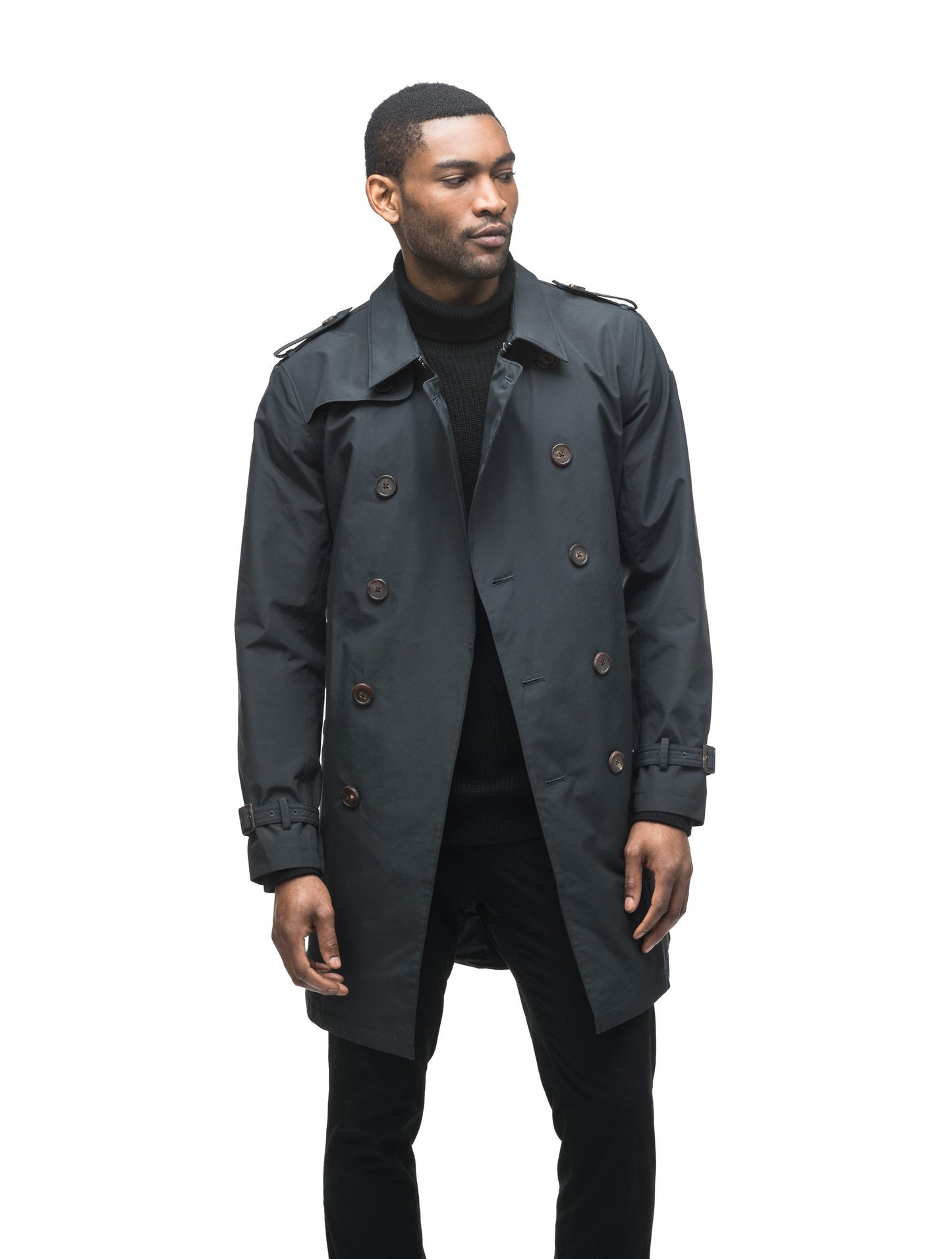 Men's thigh length trench coat with removable belt in Black