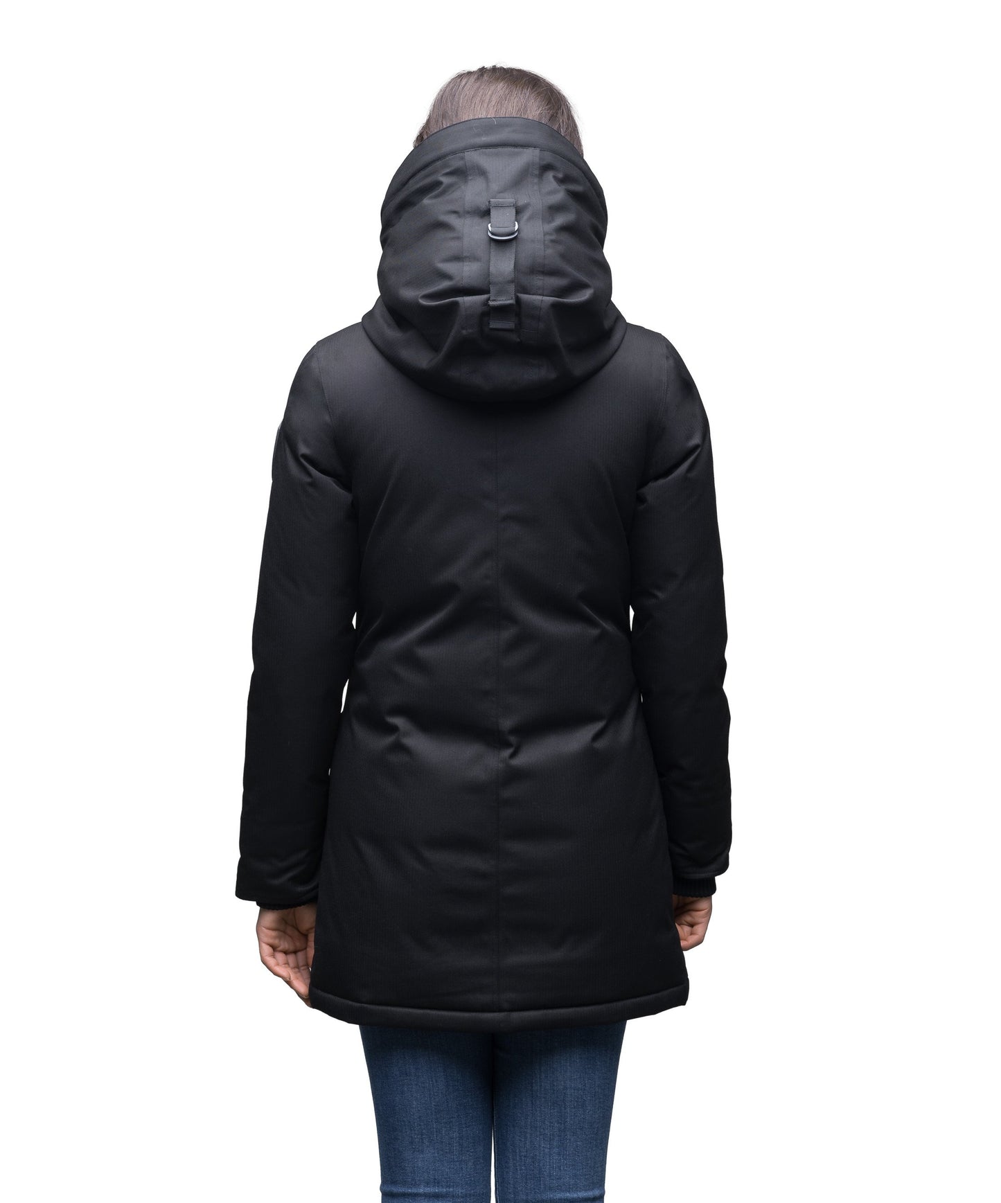 Women's down filled parka that sits just below the hip with a clean look and two hip patch pockets in CH Black