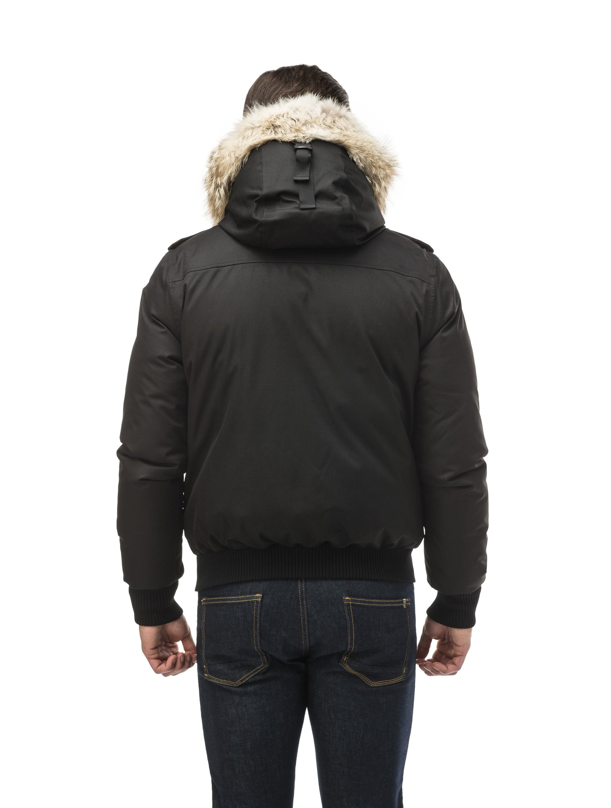 Men's down filled bomber that sits just above the hips with a completely removable hood that's windproof, waterproof, and breathable in CH Black