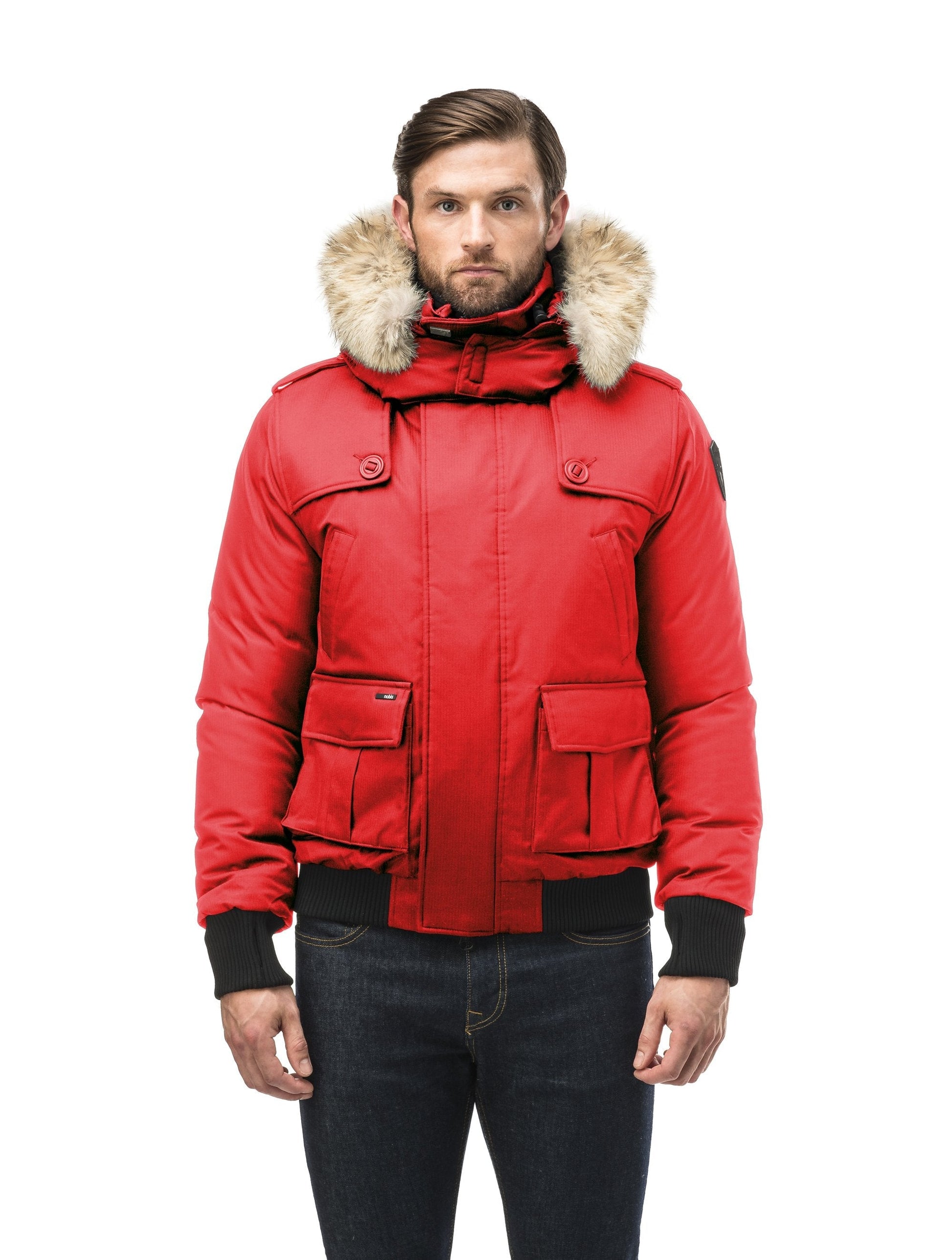 Men's down filled bomber that sits just above the hips with a completely removable hood that's windproof, waterproof, and breathable in CH Red
