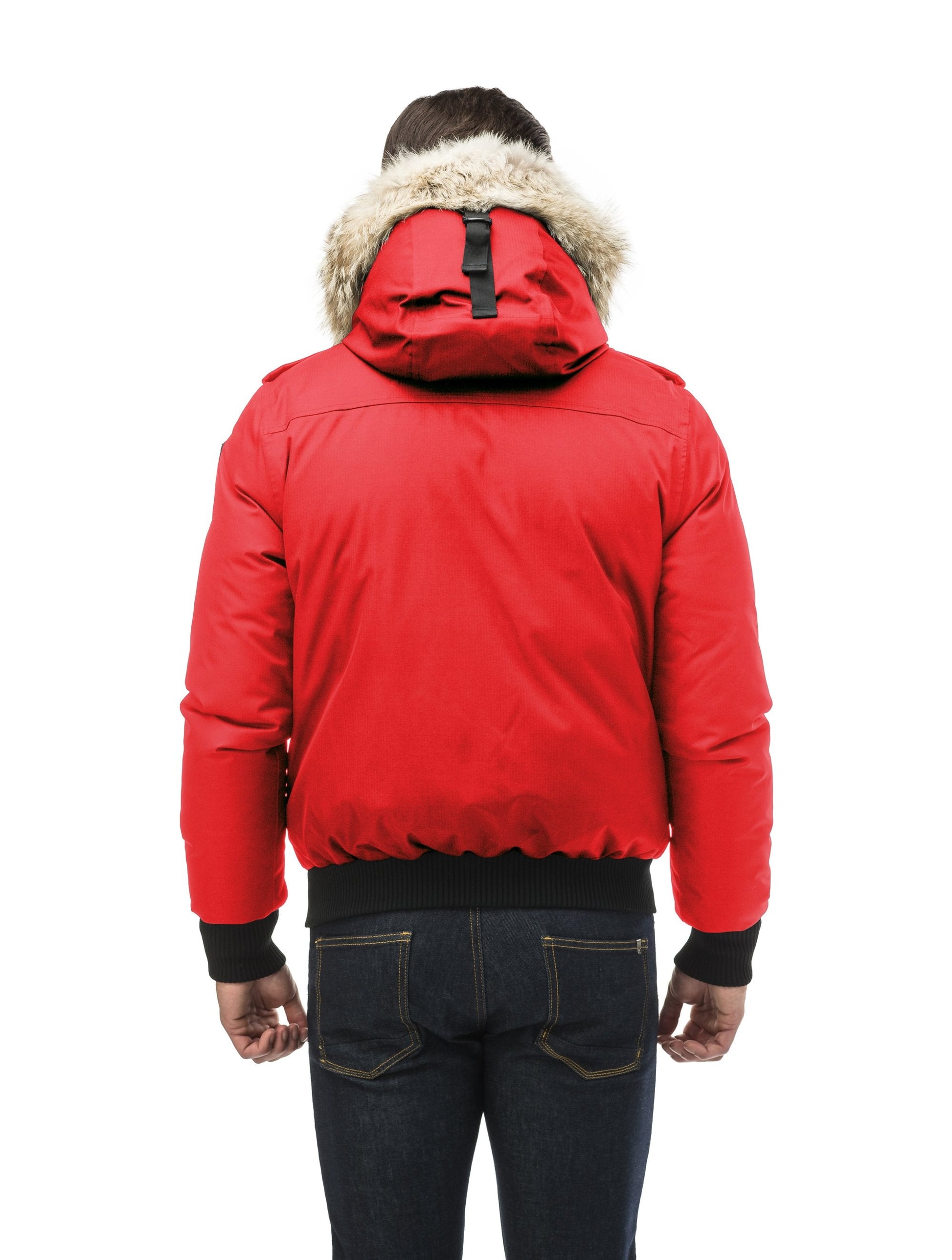 Men's down filled bomber that sits just above the hips with a completely removable hood that's windproof, waterproof, and breathable in CH Red