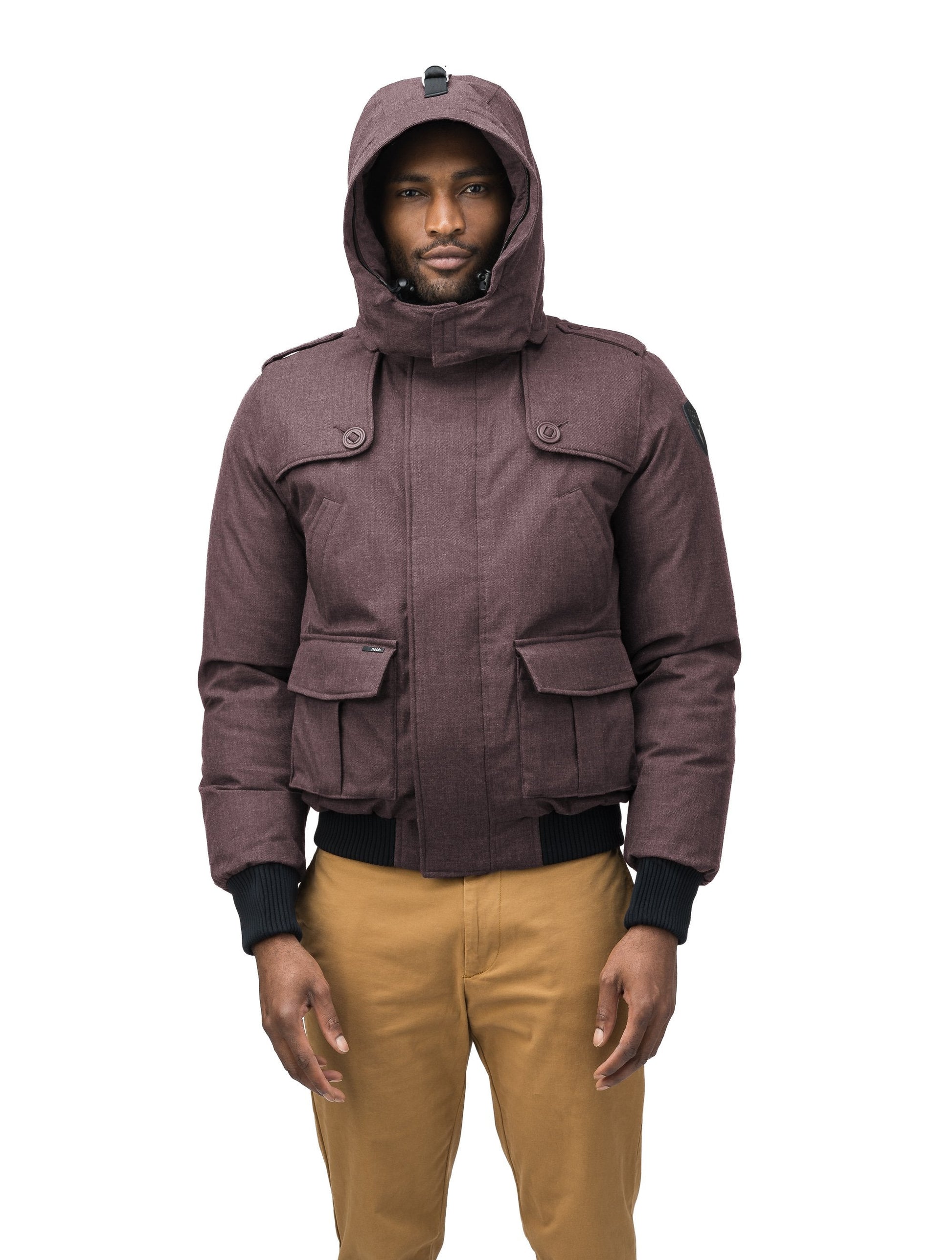 Men's down filled bomber that sits just above the hips with a completely removable hood that's windproof, waterproof, and breathable in H. Burgundy