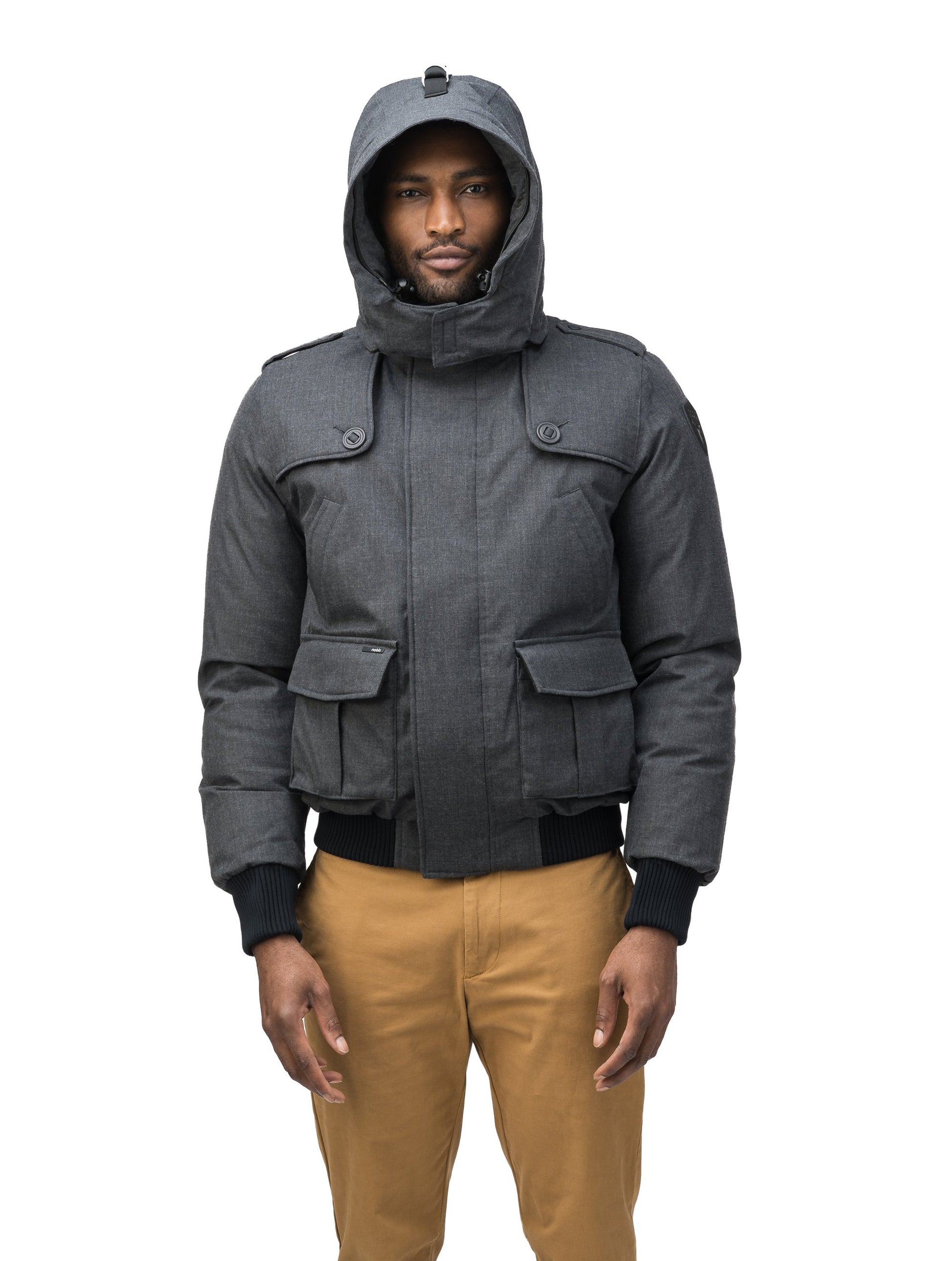 Men's down filled bomber that sits just above the hips with a completely removable hood that's windproof, waterproof, and breathable in H. Charcoal
