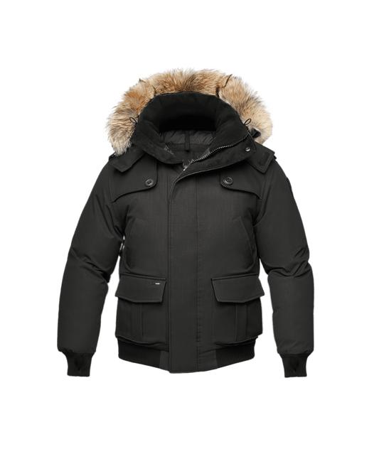 Men's down filled bomber jacket with removable hood and fur trim in Cy Black