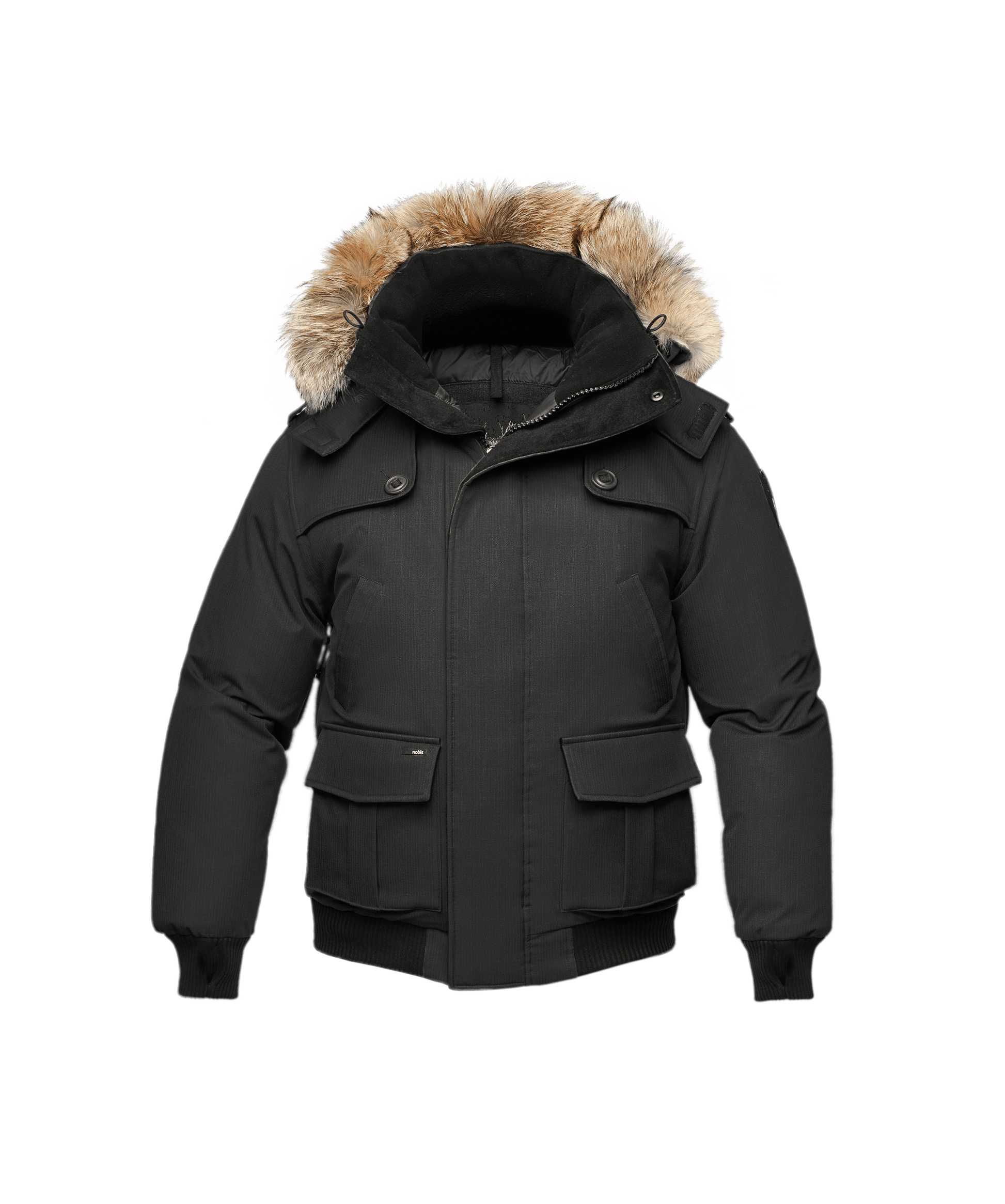 Men's down filled bomber that sits just above the hips with a completely removable hood that's windproof, waterproof, and breathable in Cy Black