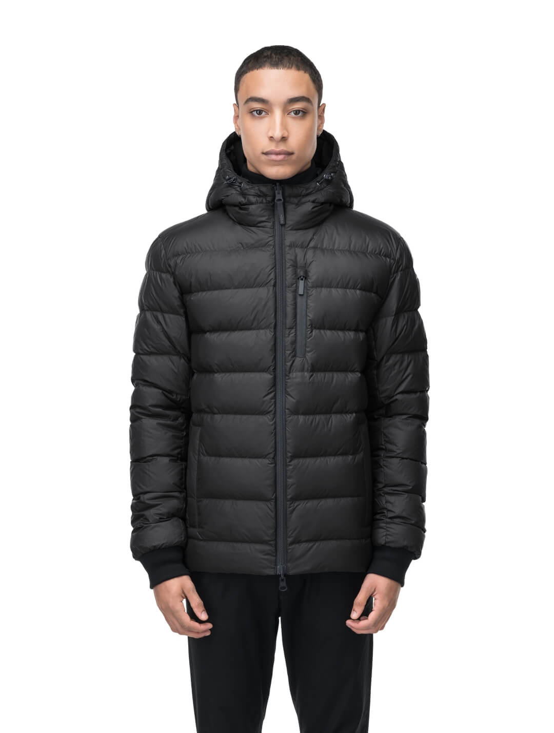 Chris Men's Mid Weight Reversible Puffer Jacket in hip length, Canadian duck down insulation, non-removable adjustable hood, ribbed cuffs, and quilted body on reversible side, in Black