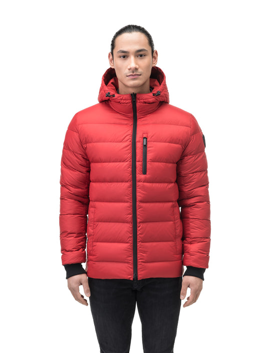 Chris Men's Mid Weight Reversible Puffer Jacket in hip length, Canadian duck down insulation, non-removable adjustable hood, ribbed cuffs, and quilted body on reversible side, in Vermillion
