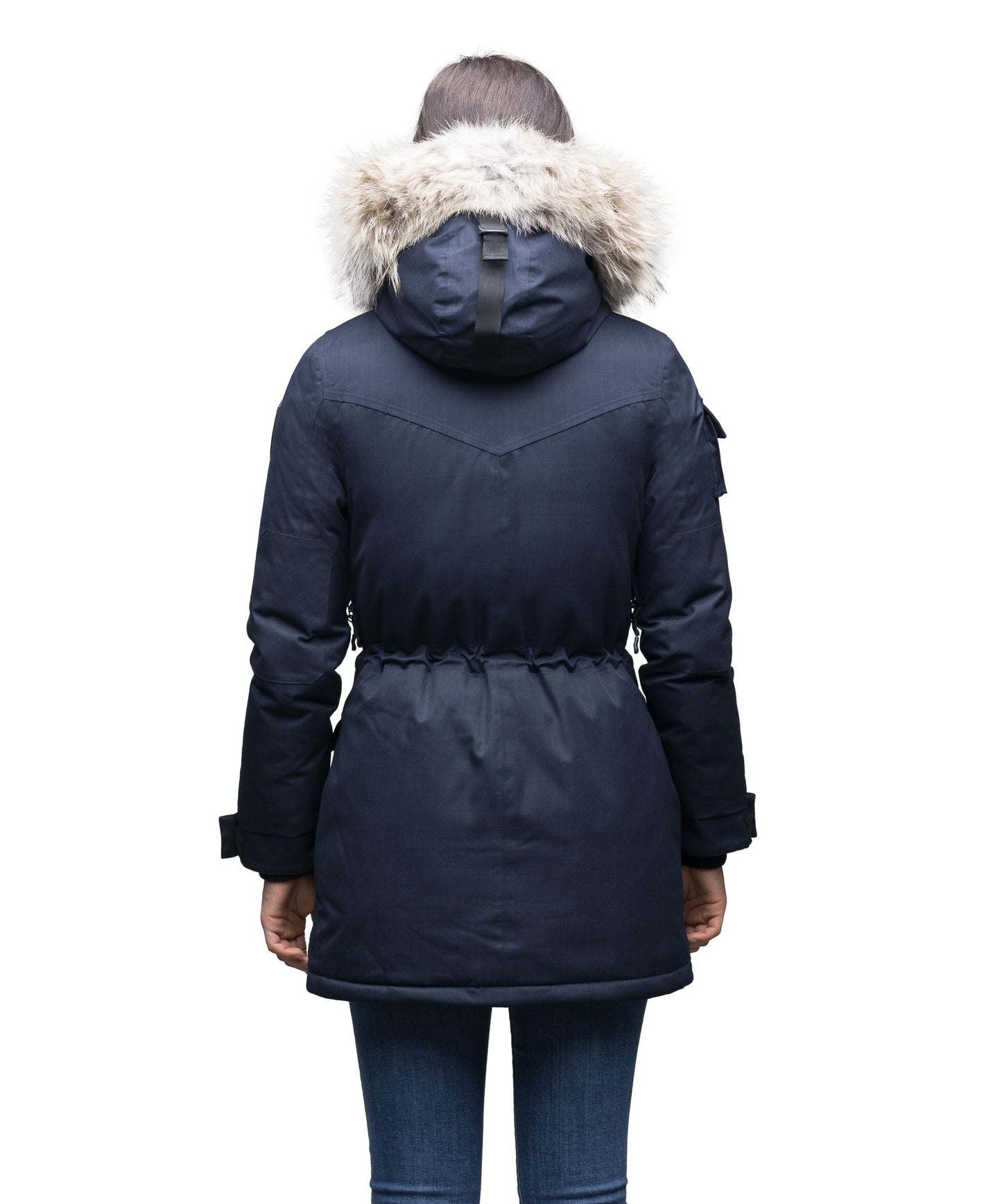 Women's down filled thigh length parka with four pleated patch pockets and an adjustable waist in CH Navy