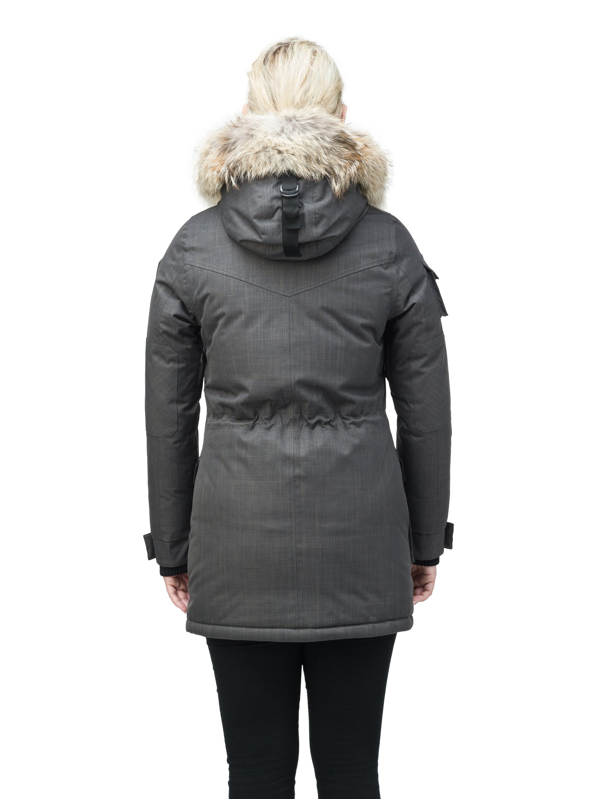 Women's down filled thigh length parka with four pleated patch pockets and an adjustable waist in CH Steel Grey