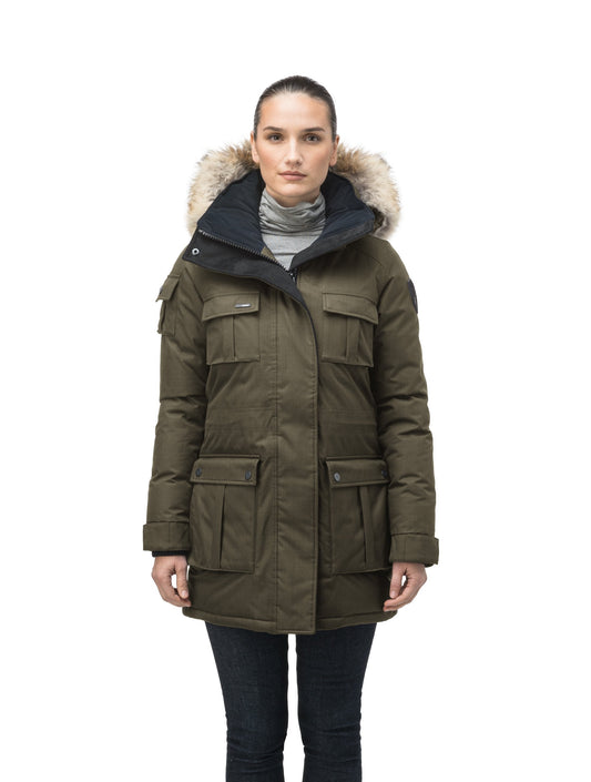 Women's down filled thigh length parka with four pleated patch pockets and an adjustable waist in CH Army Green