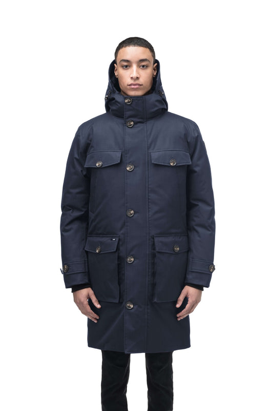 Citizen Men's Tailored Parka in knee length, Canadian duck down insulation, non-removable hood, and two-way zipper, in Navy