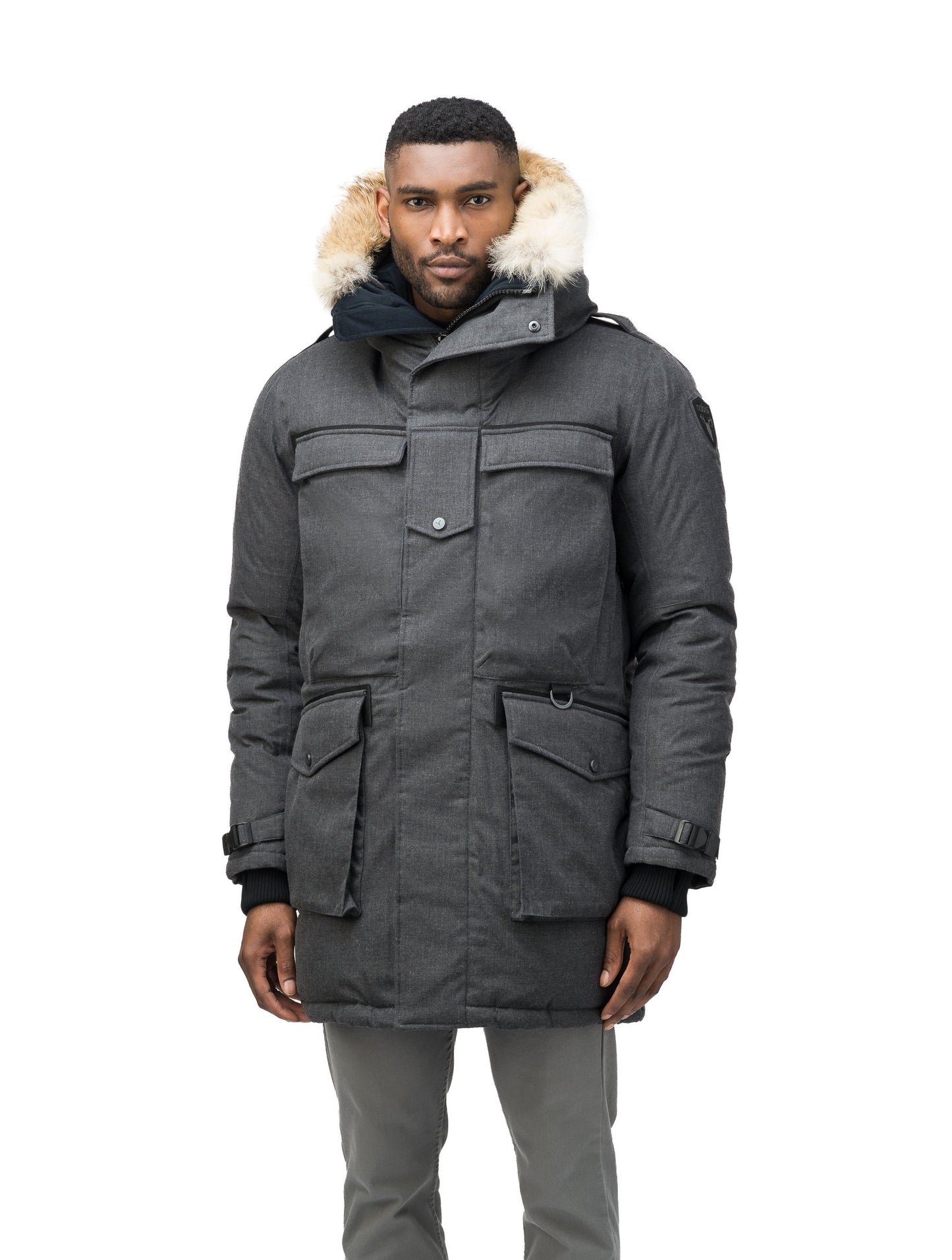 Men's extreme wamrth down filled parka with baffle box construction for even down distribution in H. Charcoal