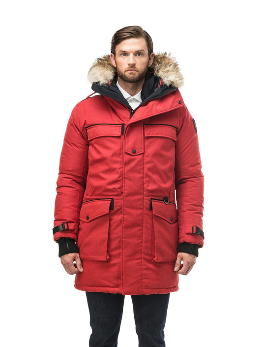 Men's extreme wamrth down filled parka with baffle box construction for even down distribution in H. Red