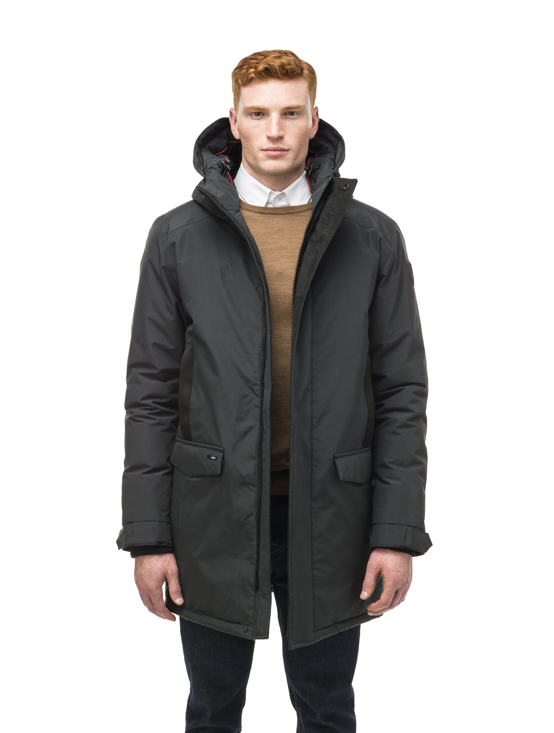 Lightweight men's parka with duck down fill and removable fur trim around the hood in Black