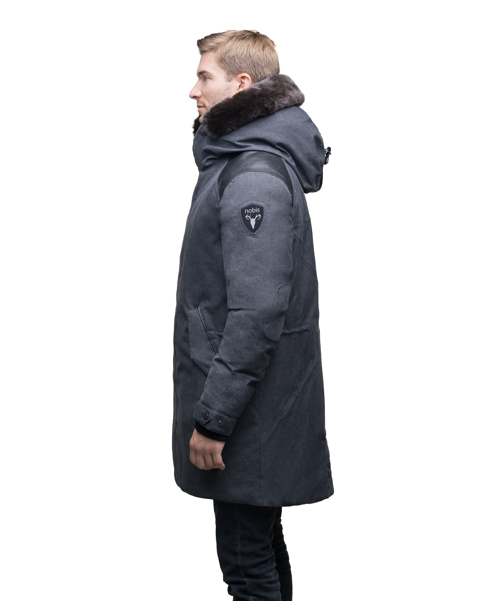 Men's down filled overcoat with premium washable Japanese DWR leather on both shoulders in H. Charcoal or H Black
