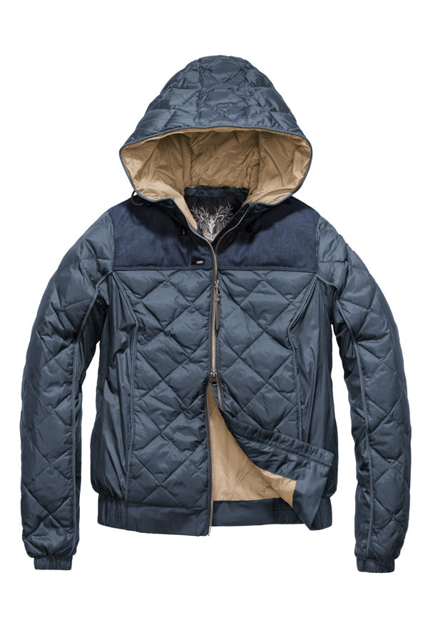 Men's lightweight quilted down hoodie in Foggy Blue/H. Navy
