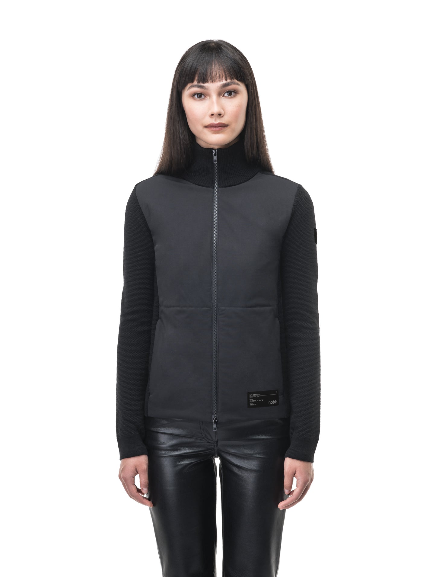 Evo Ladies Performance Full Zip Sweater in hip length, Primaloft Gold Insulation Active+, Merion wool knit collar, sleeves, back, and cuffs, two-way front zipper, and hidden waist pockets, in Black