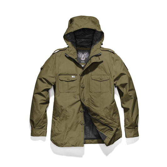 Men's hooded shirt jacket with patch chest pockets in Fatigue