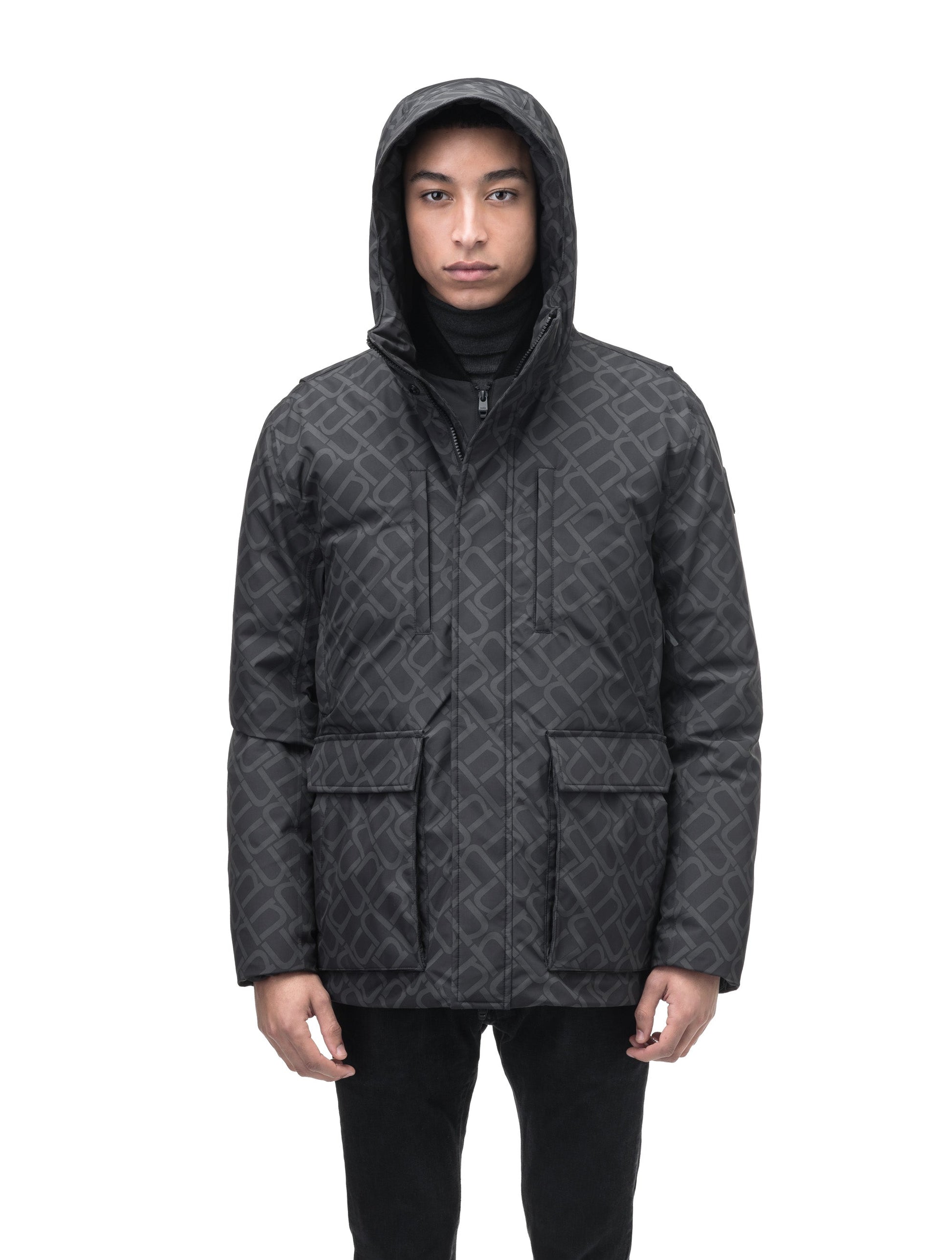 Geo Men's Short Parka in hip length, Canadian duck down insulation, non-removable hood, and two-way zipper, in Dark Monogram