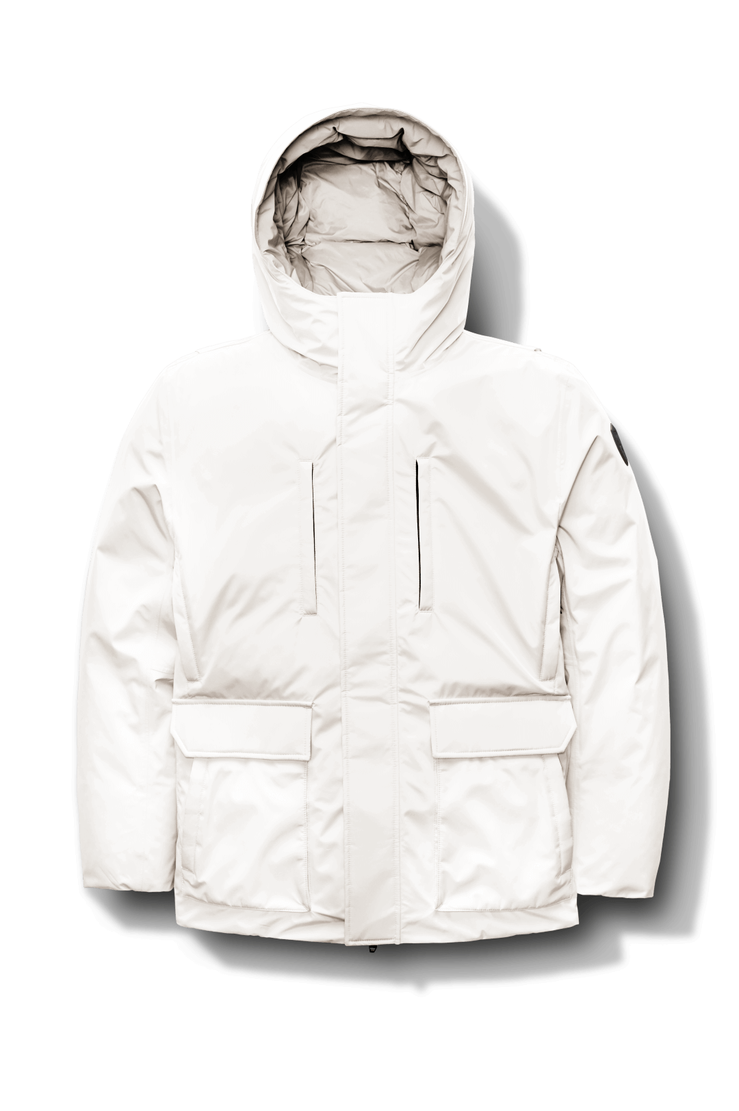 Geo Men's Short Parka in hip length, Canadian duck down insulation, non-removable hood, and two-way zipper, in Wheat