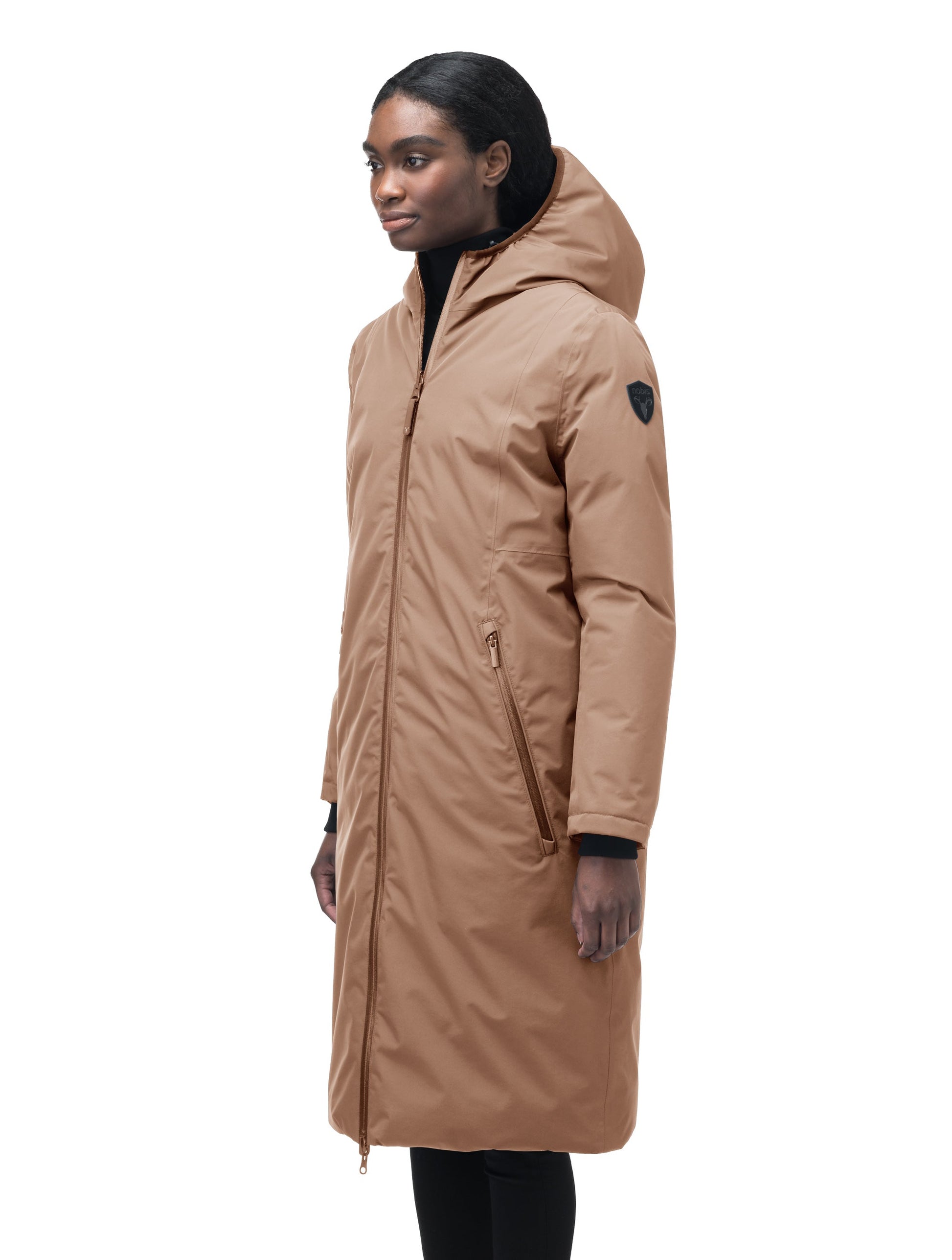 Ladies knee length reversible down-filled parka with non-removable hood in Fawn