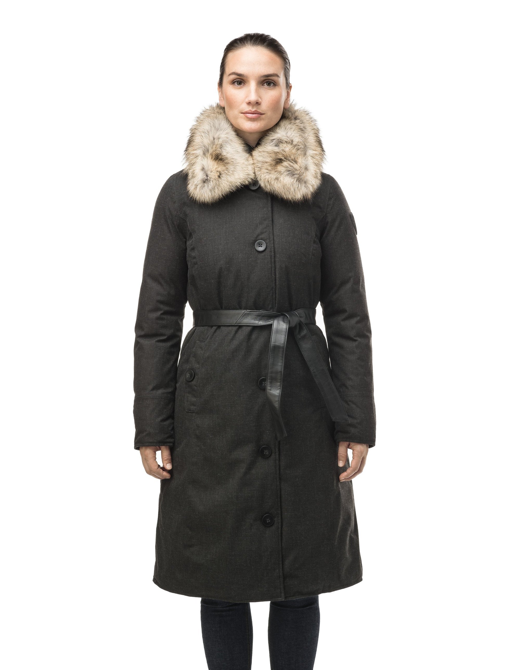 Women's lightweight down filled parka with a removable fur collar and a washable, Japanese DWR Leather belt in H. Black