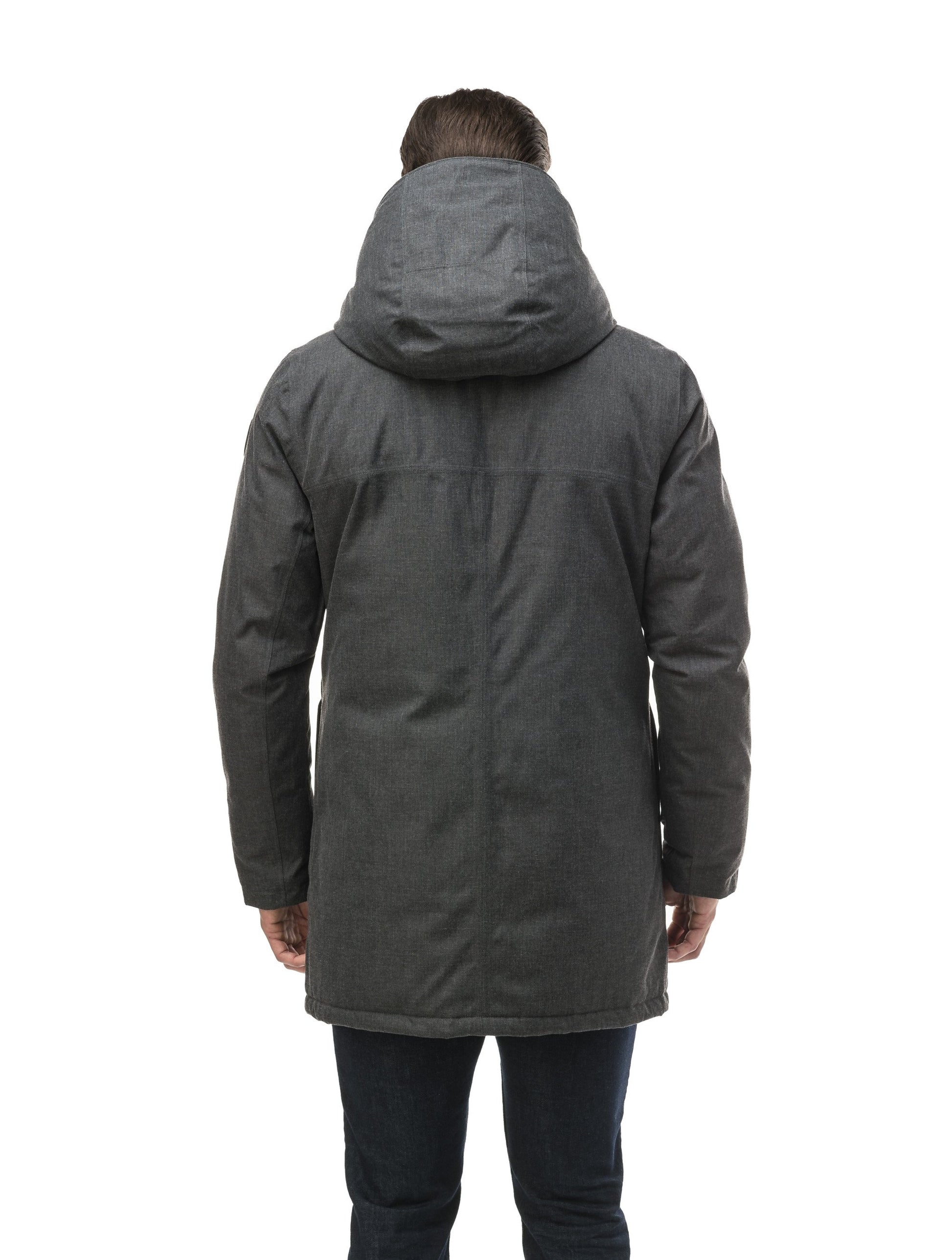 Men's fur free hooded parka with zipper and button closure placket featuring two oversized front pockets in H. Charcoal