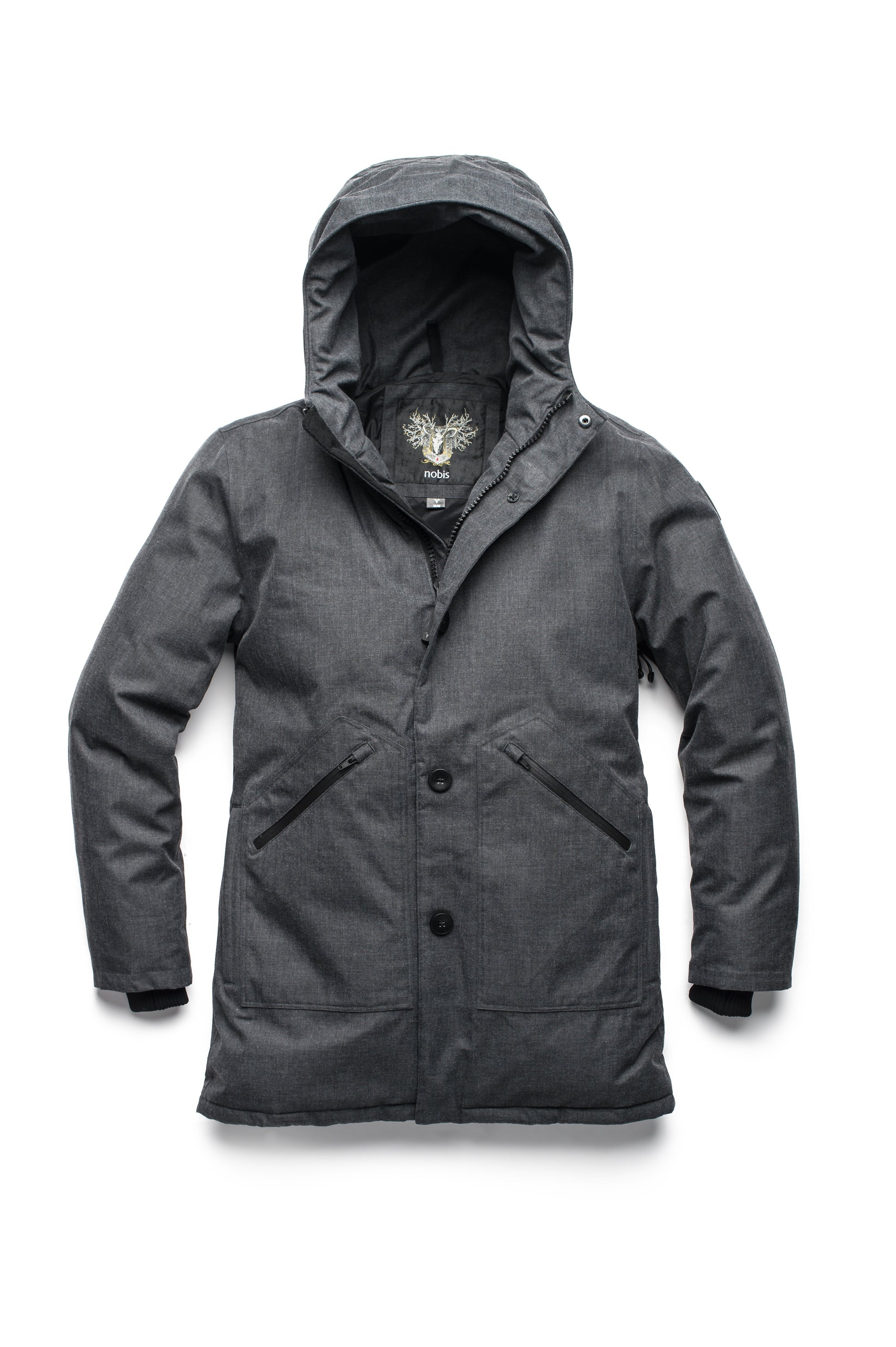 Men's fur free hooded parka with zipper and button closure placket featuring two oversized front pockets in H. Charcoal