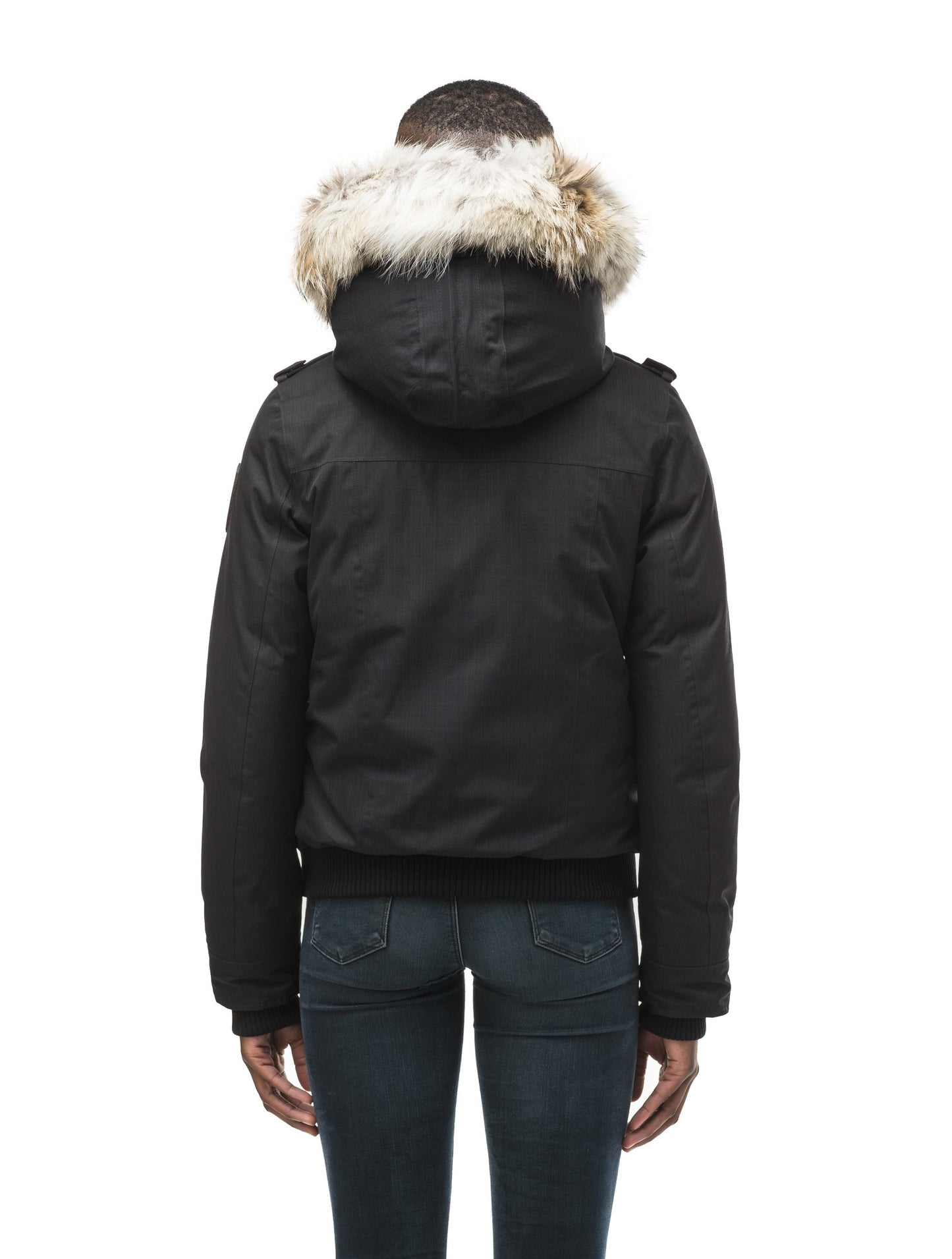 Women's bomber style down filled jacket with a removable hood and fur trim in CH Black