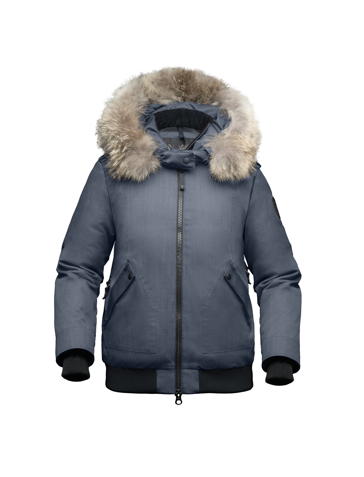Women's bomber style down filled jacket with a removable hood and fur trim in CH Balsam
