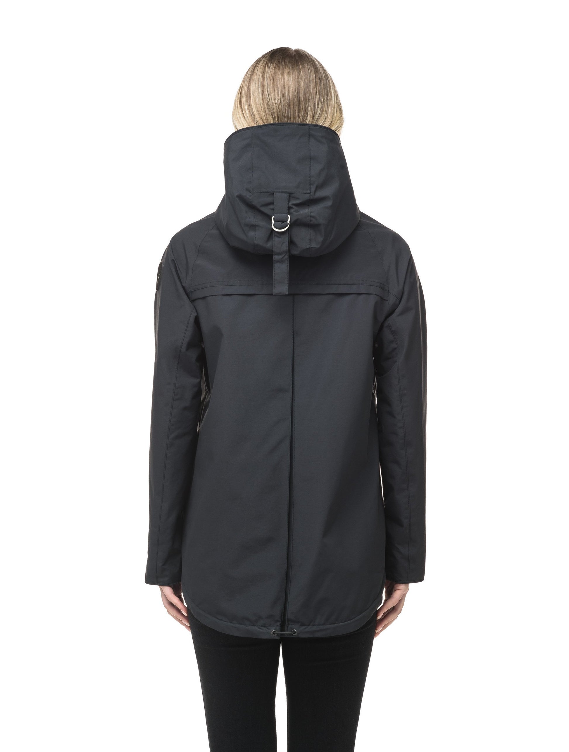 Women's hooded rain jacket with high low hem in Black