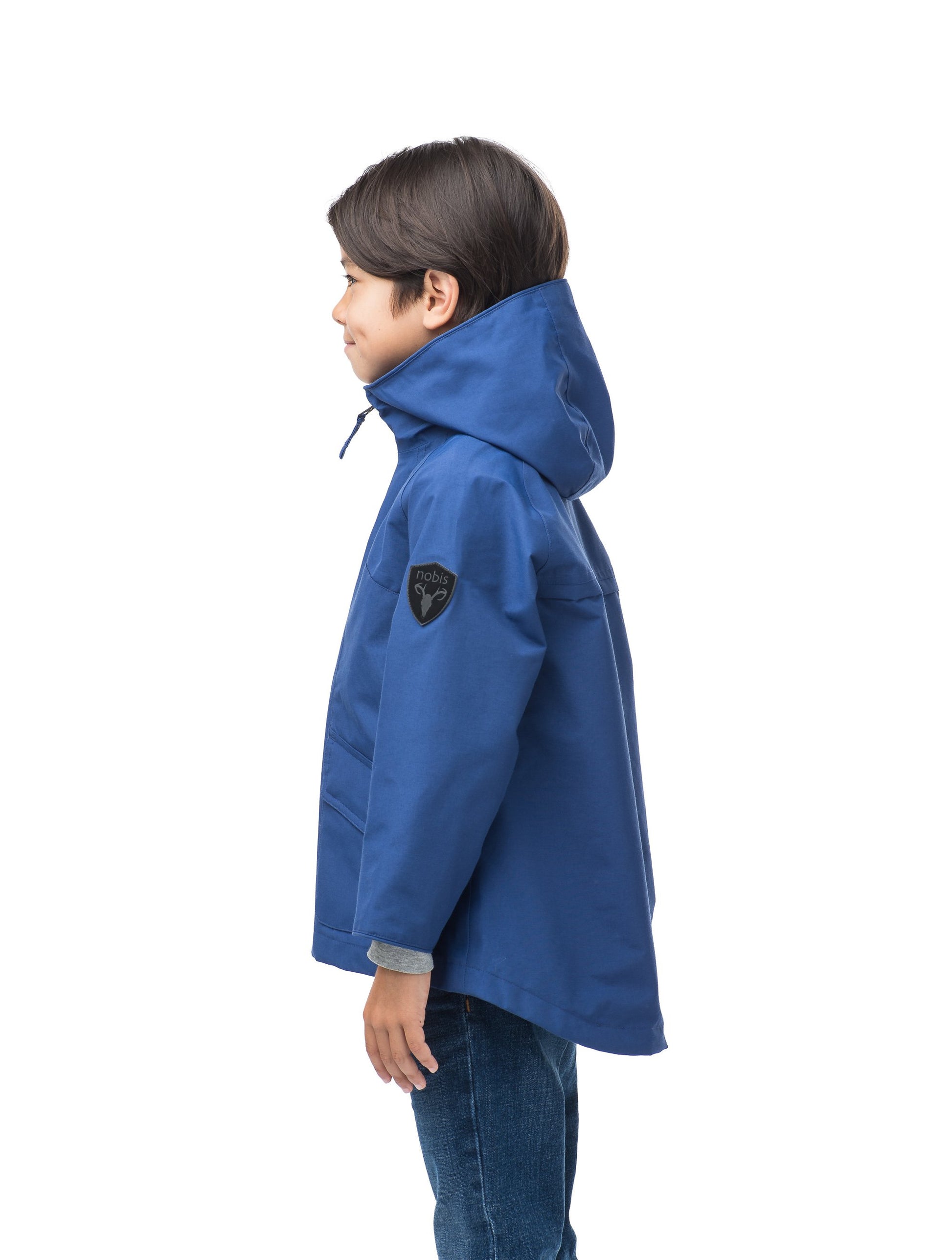 Kid's hip length fishtail rain jacket with hood in Royal