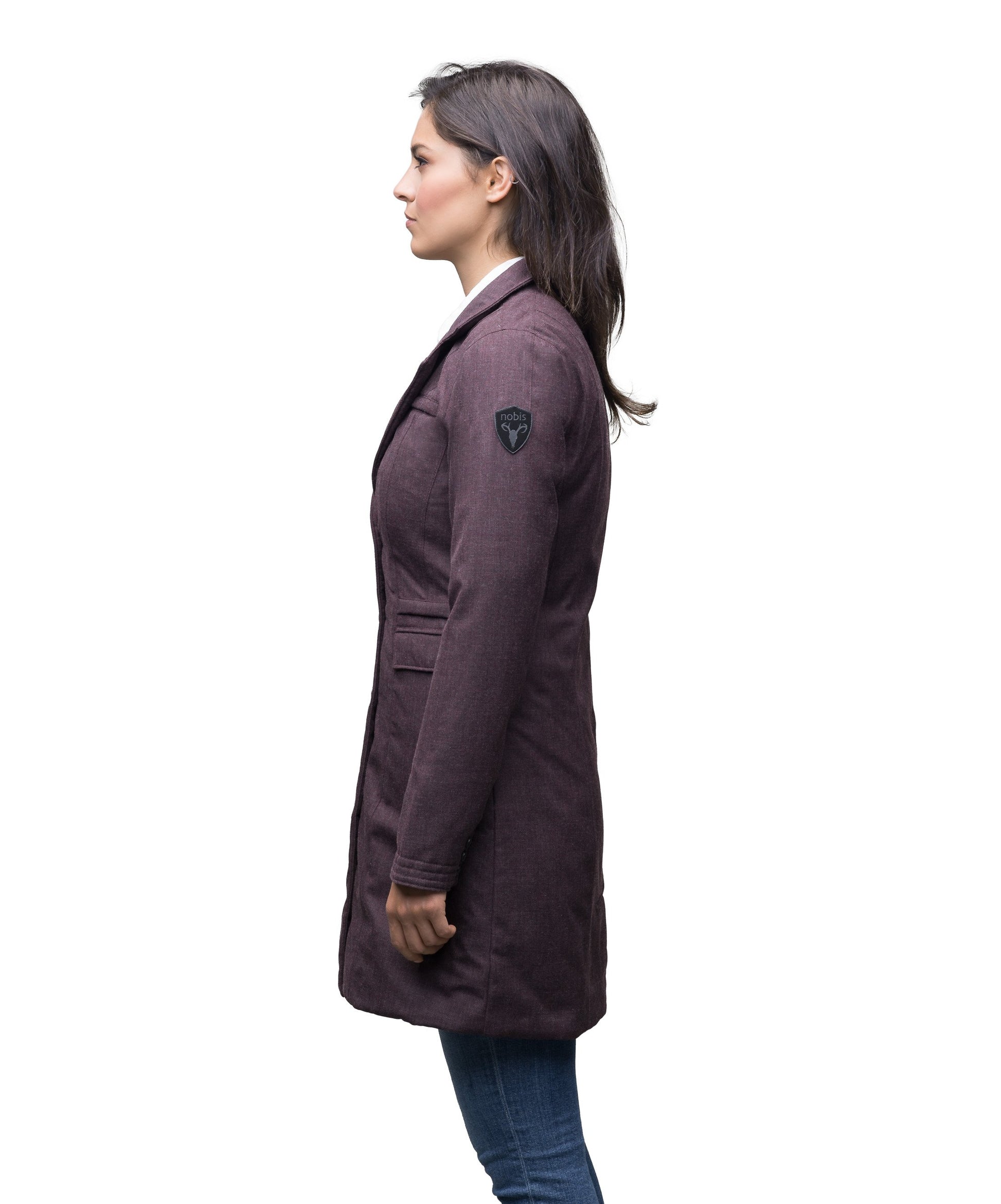 Women's mid length down filled overcoat in H. Burgundy, H Black or H Navy