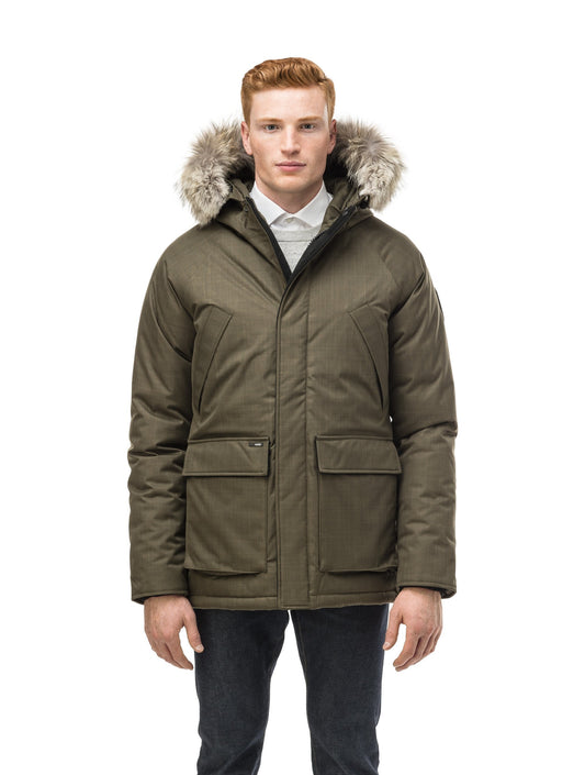 Men's waist length down filled jacket with two front pockets with magnetic closure and a removable fur trim on the hood in CH Army Green