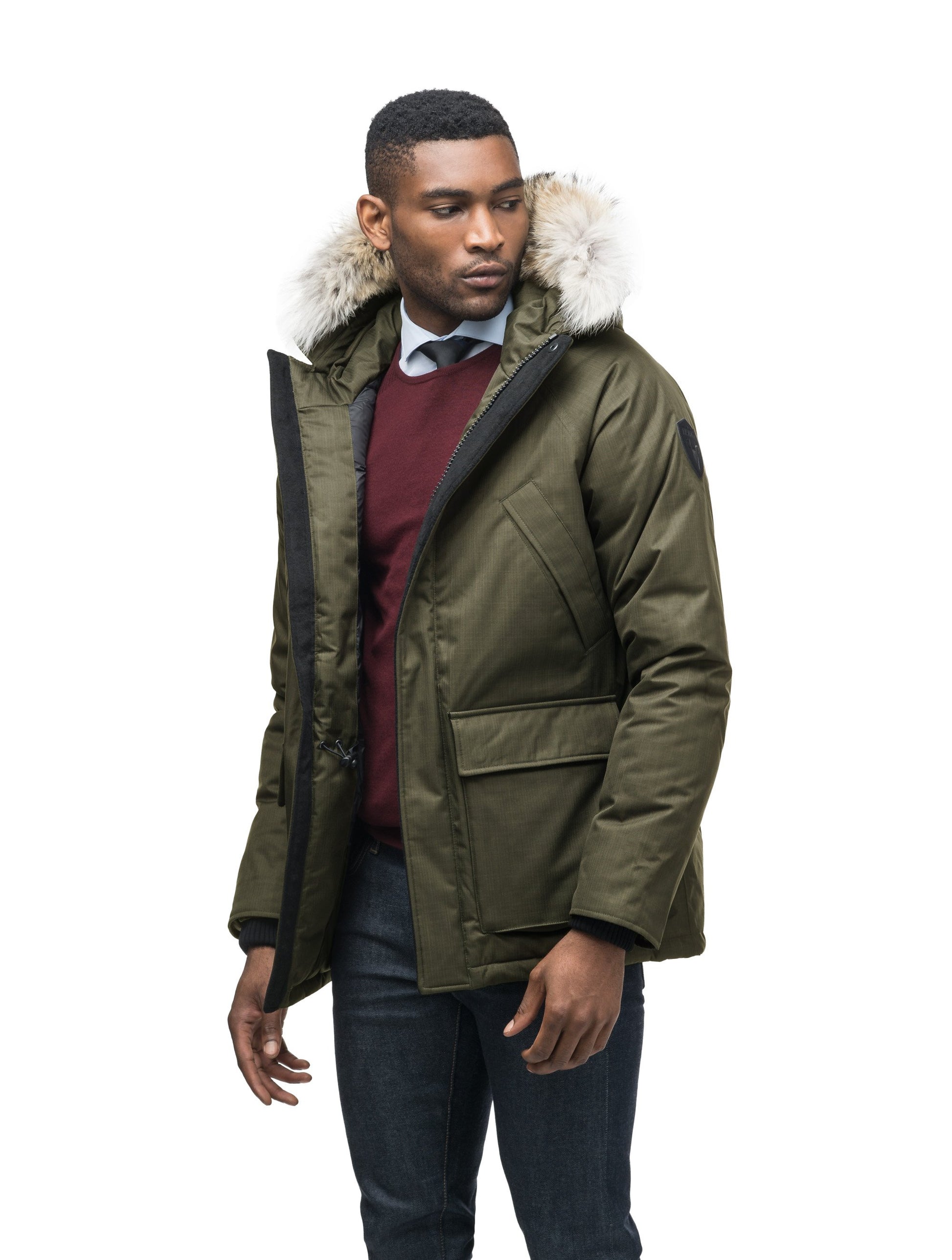 Men's waist length down filled jacket with two front pockets with magnetic closure and a removable fur trim on the hood in CH Fatigue