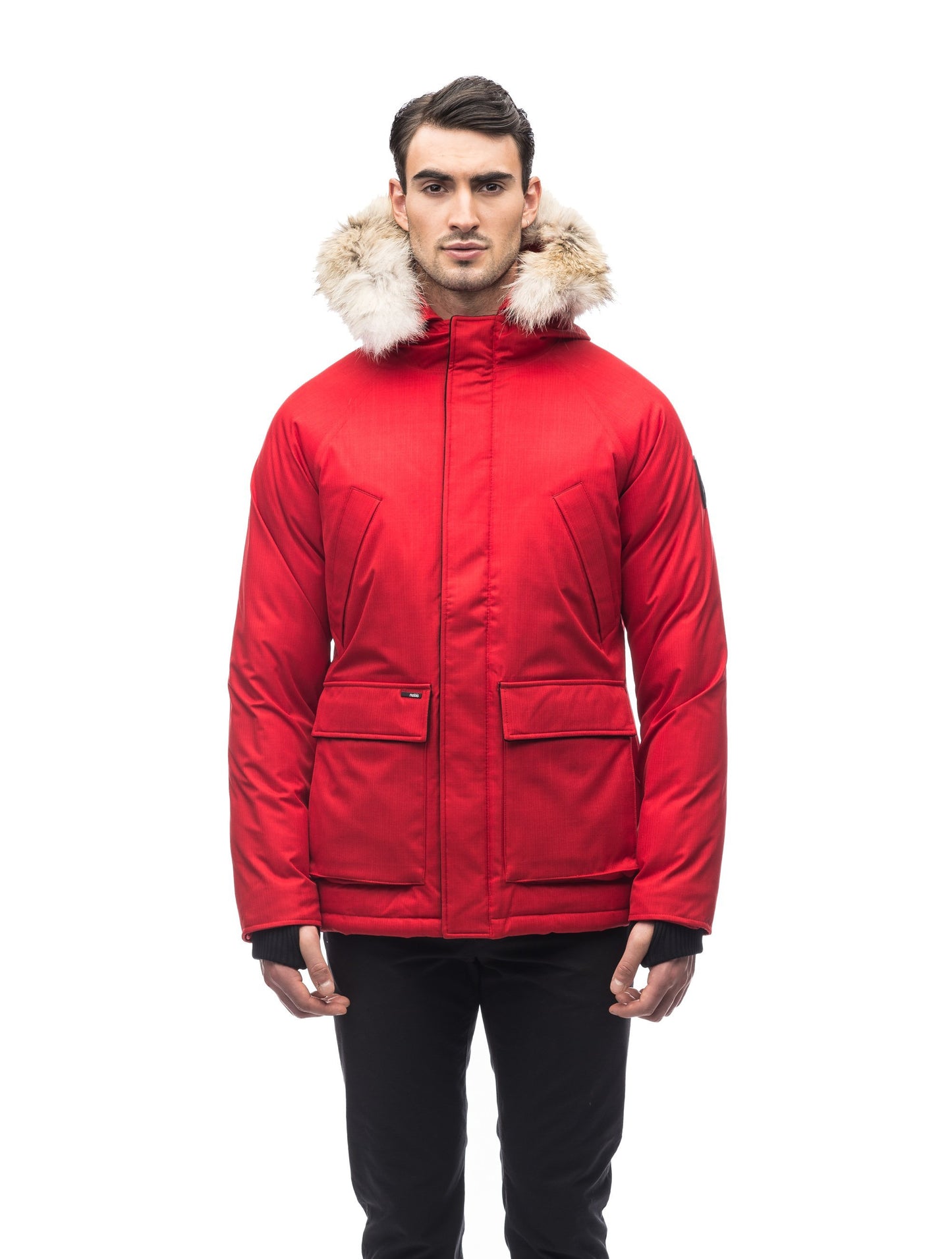 Men's waist length down filled jacket with two front pockets with magnetic closure and a removable fur trim on the hood in CH Red